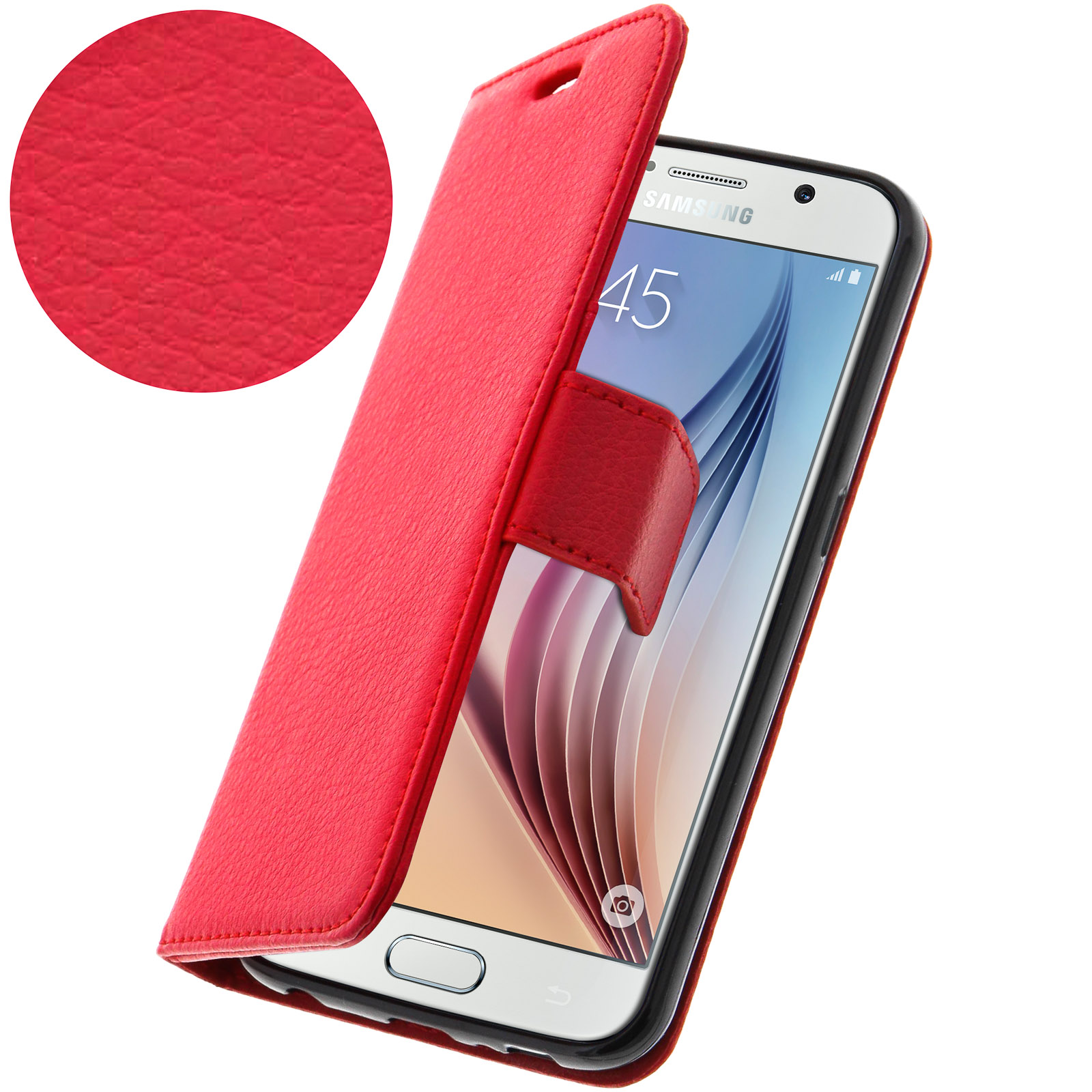 Custodia rossa del telefono aperta, che mostra un telefono. Dettaglio della texture.