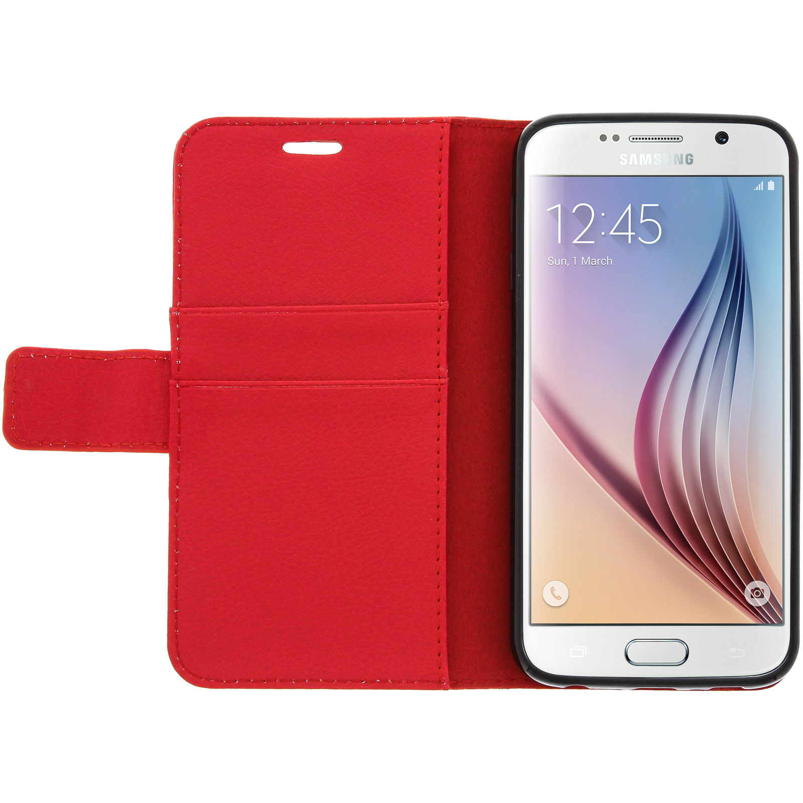 Portafoglio per custodia del telefono rosso, aperto. Telefono all'interno. Carte e telefono visibili. Dom, 1 marzo sullo schermo.