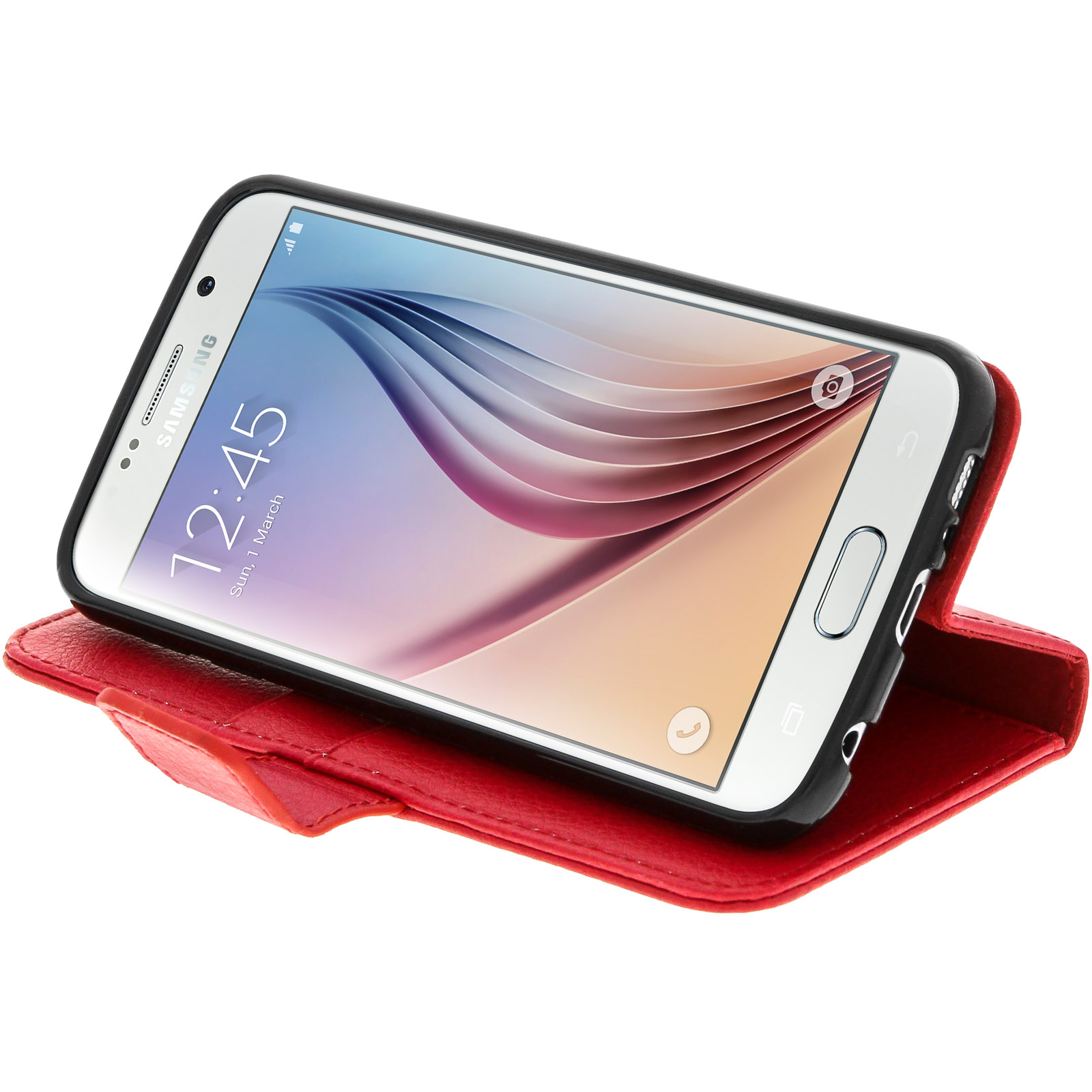 Un telefono Samsung in una custodia rossa, aperto per mostrare lo schermo con data e ora.