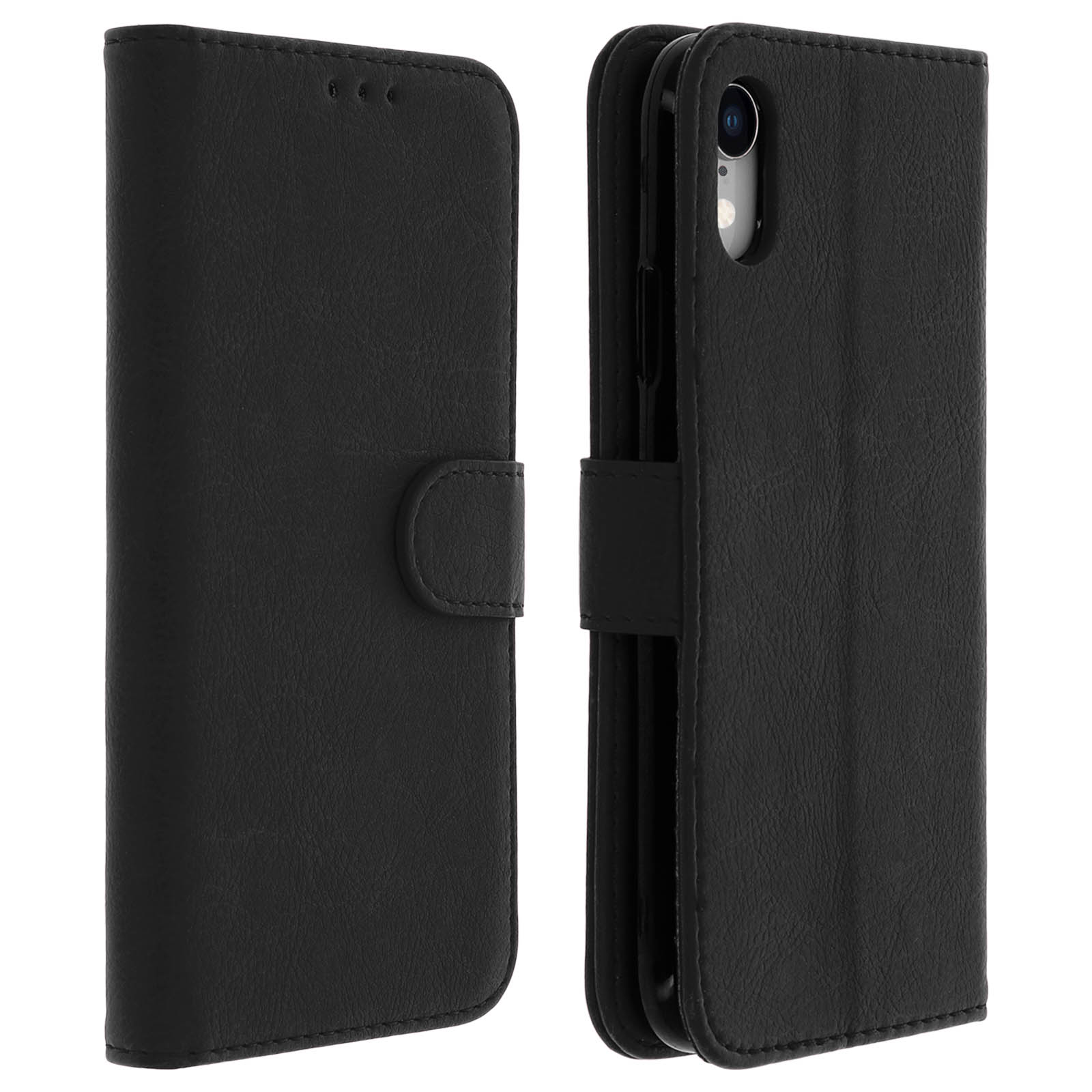 Custodia nera per telefono con una cover a libro. La custodia è chiusa. Sfondo bianco.