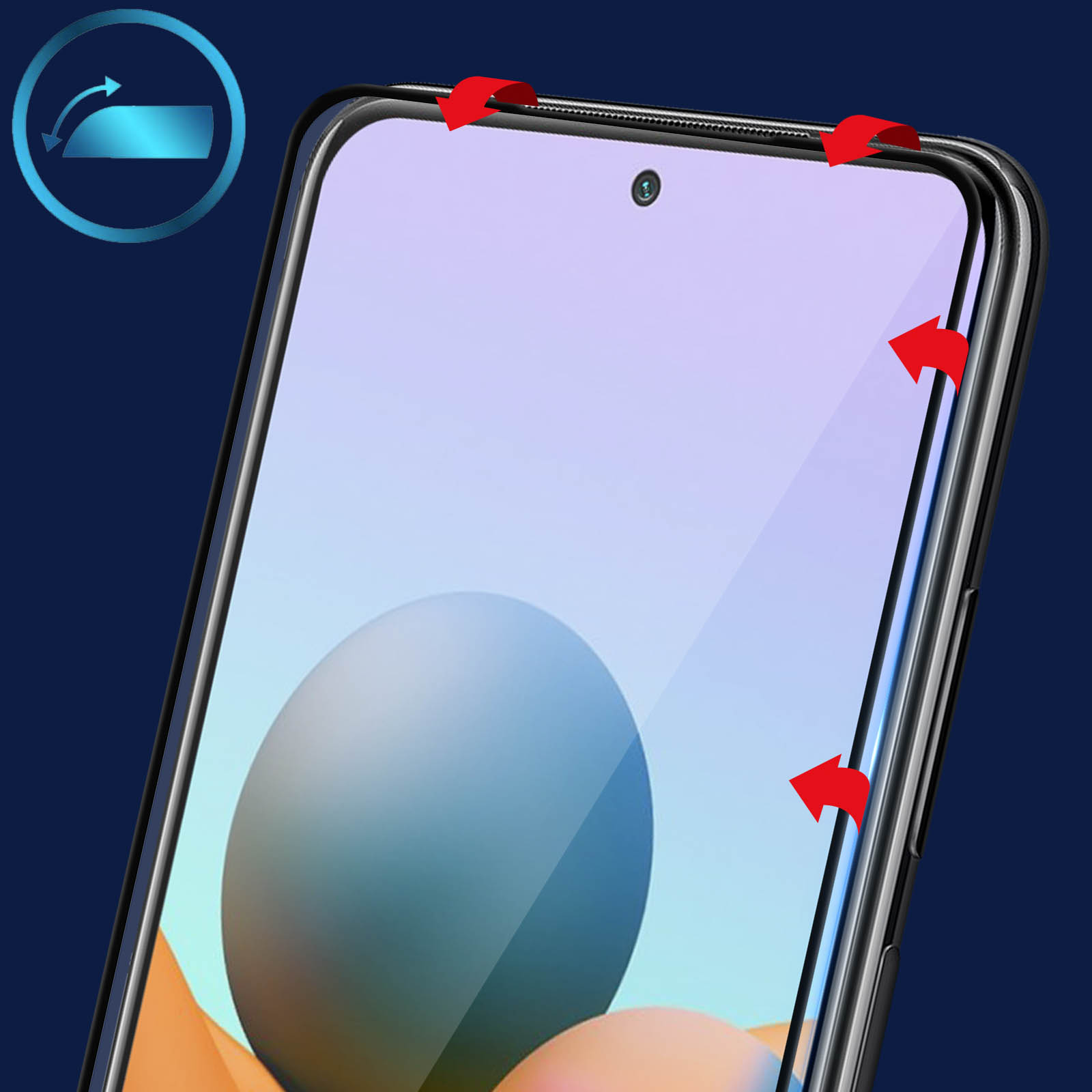 Uno schermo del telefono con un proteggi schermo in applicazione. Frecce indicano il processo. Sfondo blu.