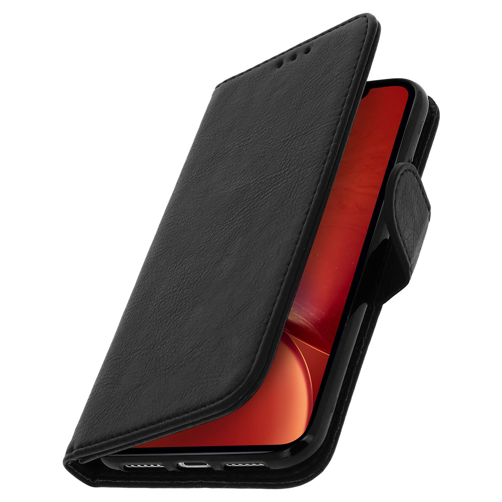 Custodia in pelle nera aperta, rivela un telefono con schermo rosso.