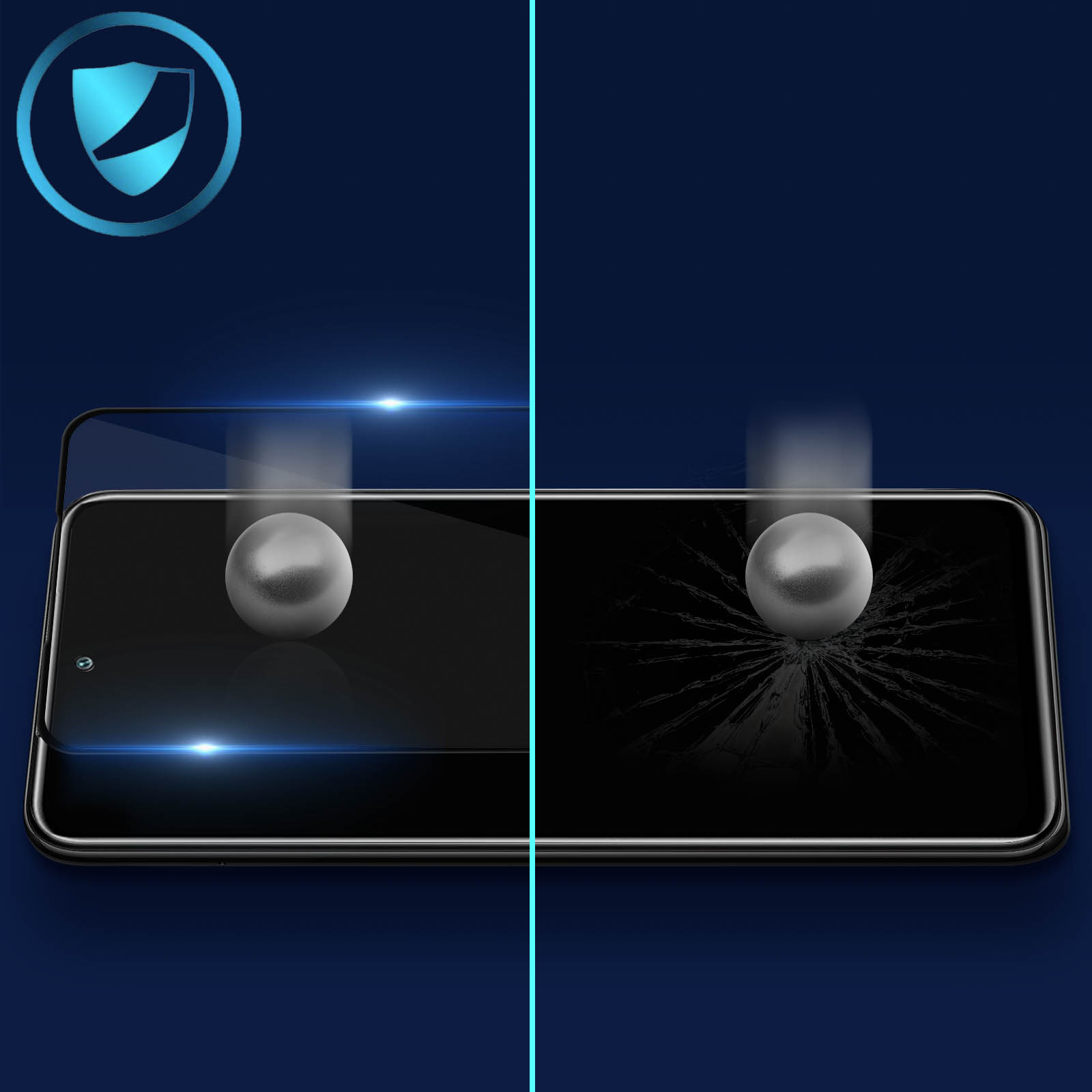 L'immagine mostra uno schermo del telefono con uno strato protettivo, una palla che colpisce lo schermo. Il lato sinistro è intatto, il lato destro è incrinato.
