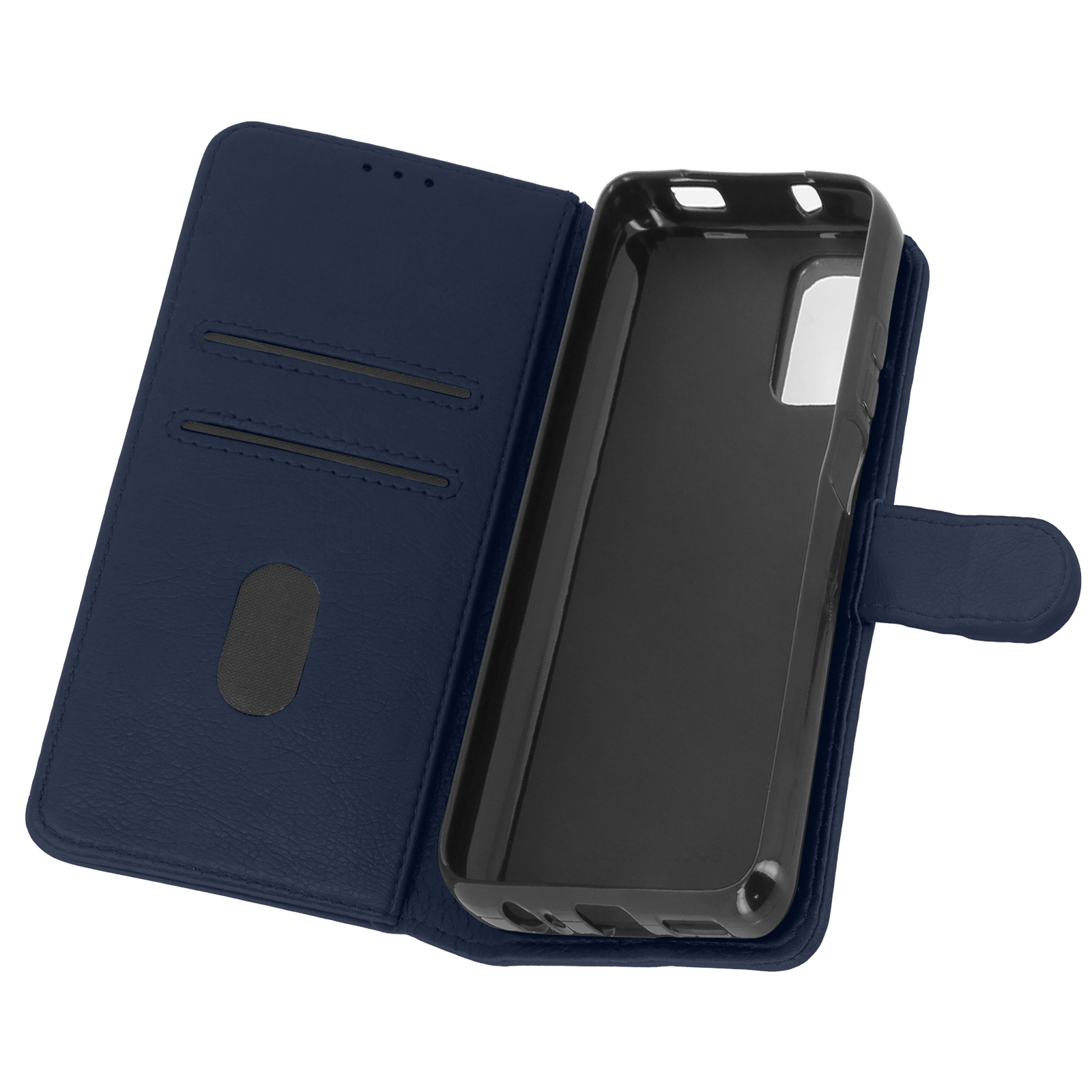 Custodia blu per telefono, aperta. L'interno è nero, con uno slot per schede.