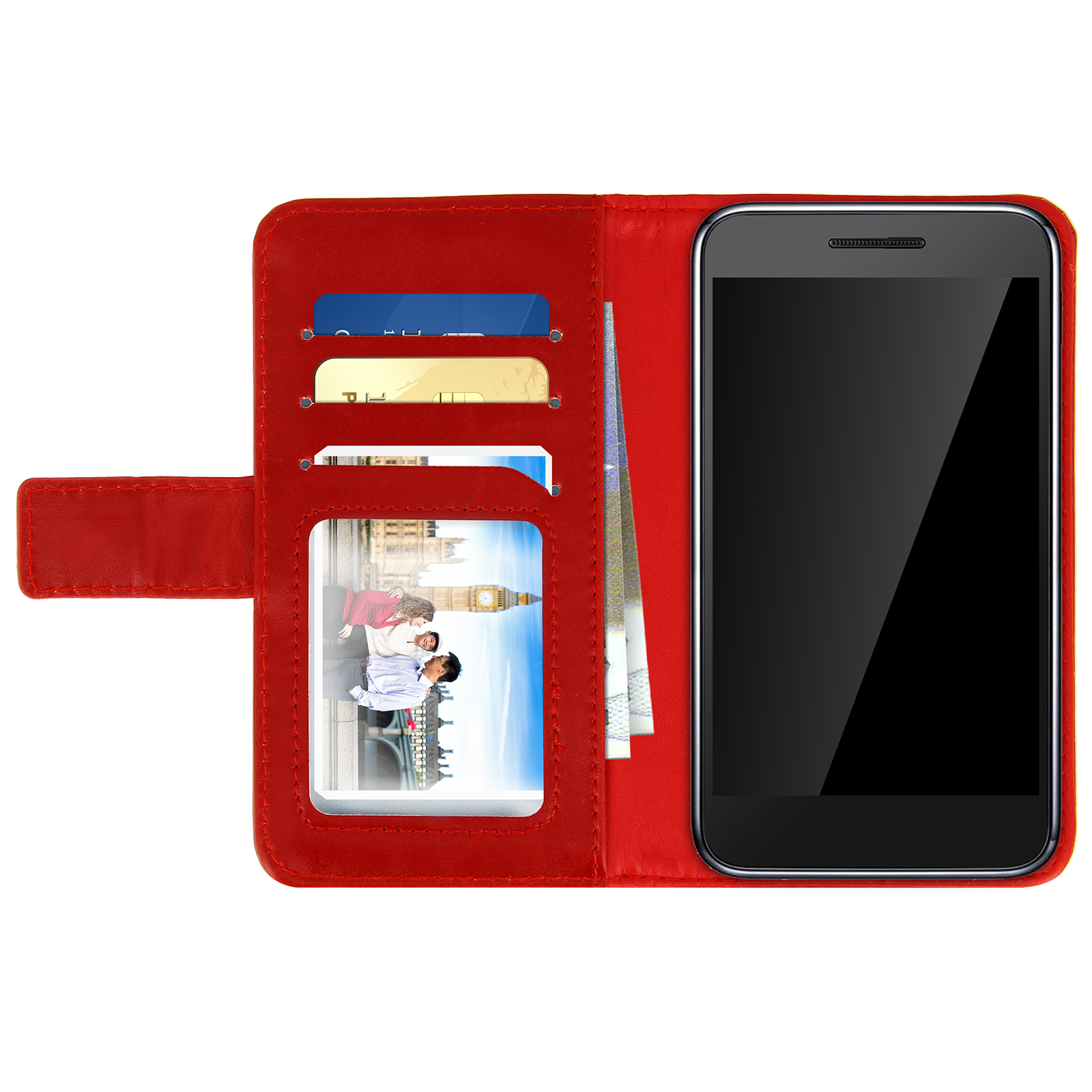 Custodia rossa con telefono. La custodia è aperta. Il telefono ha app. Sfondo bianco.