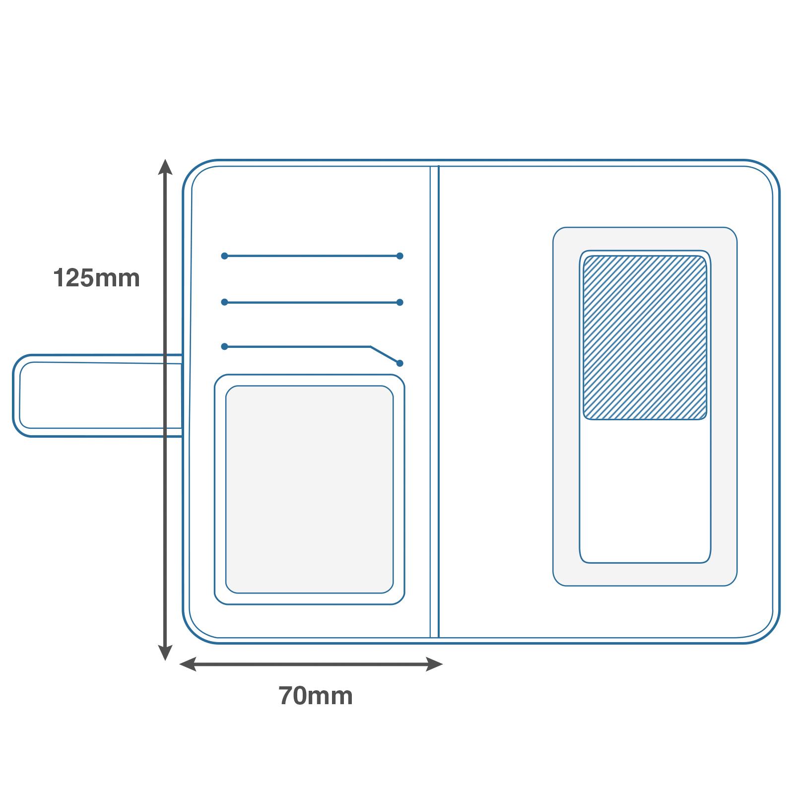 Modello di custodia per telefono con dimensioni. Mostra un design a portafoglio con slot per carte e misure.