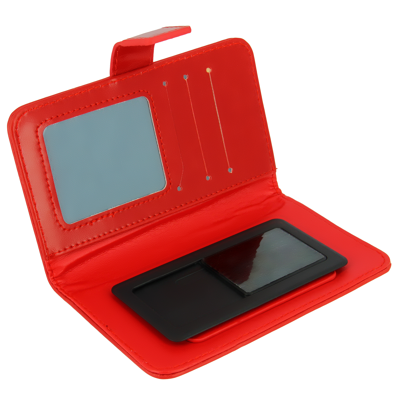 Custodia per telefono in pelle rossa aperta. Ha fessure per carte e un'area nera per tenere il telefono.