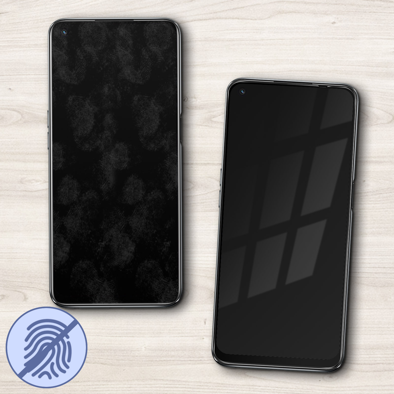 Due smartphone su una superficie di legno. Uno ha impronte digitali, l'altro l'ombra di una finestra. È presente un'icona senza impronte digitali.