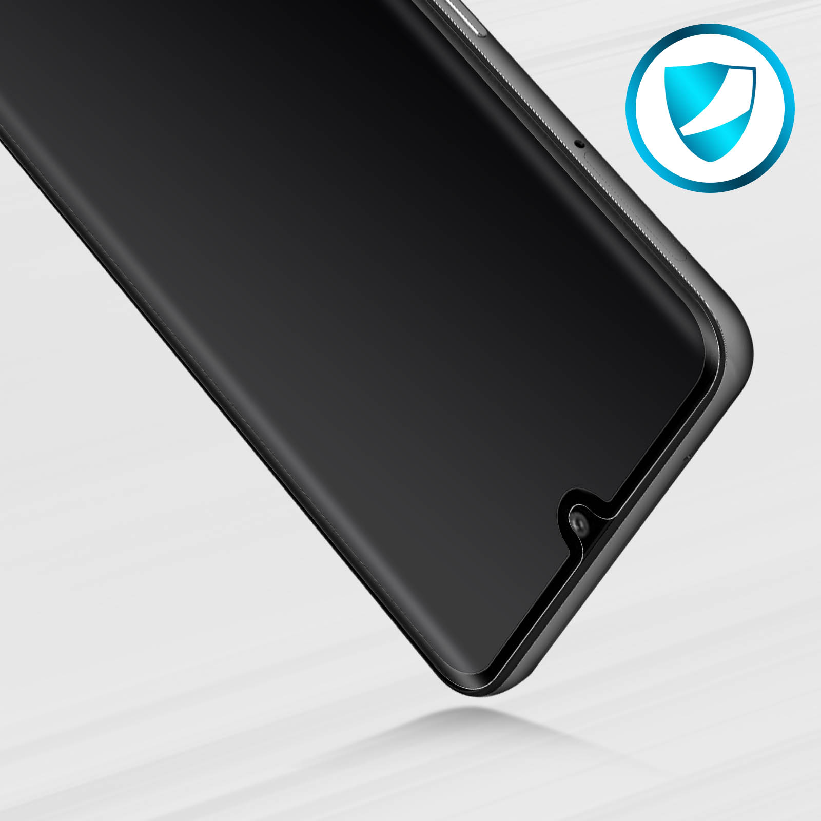 Uno smartphone nero è visualizzato in diagonale. Un'icona a scudo blu si trova nell'angolo in alto a destra.