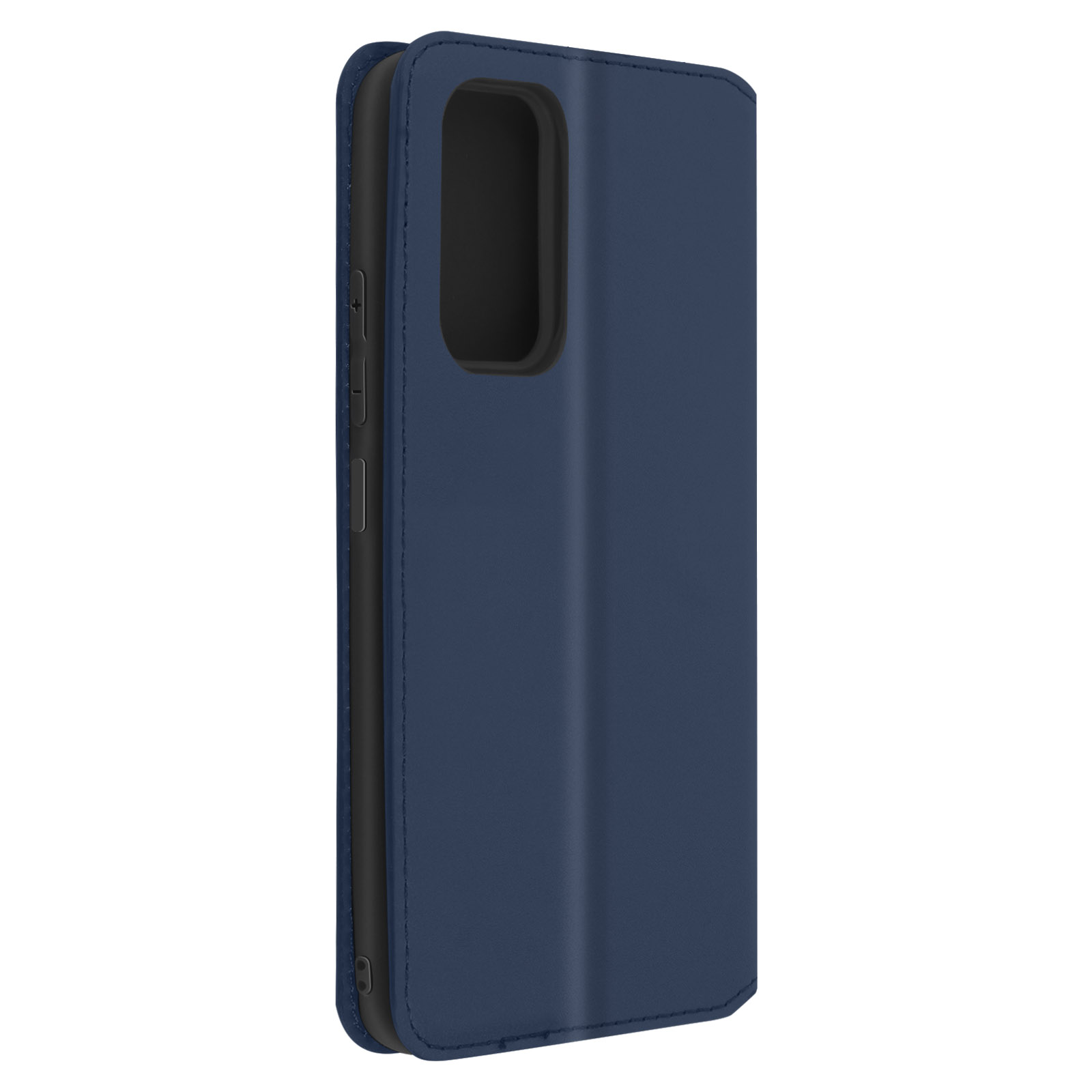 Una custodia per telefono blu navy è mostrata chiusa.