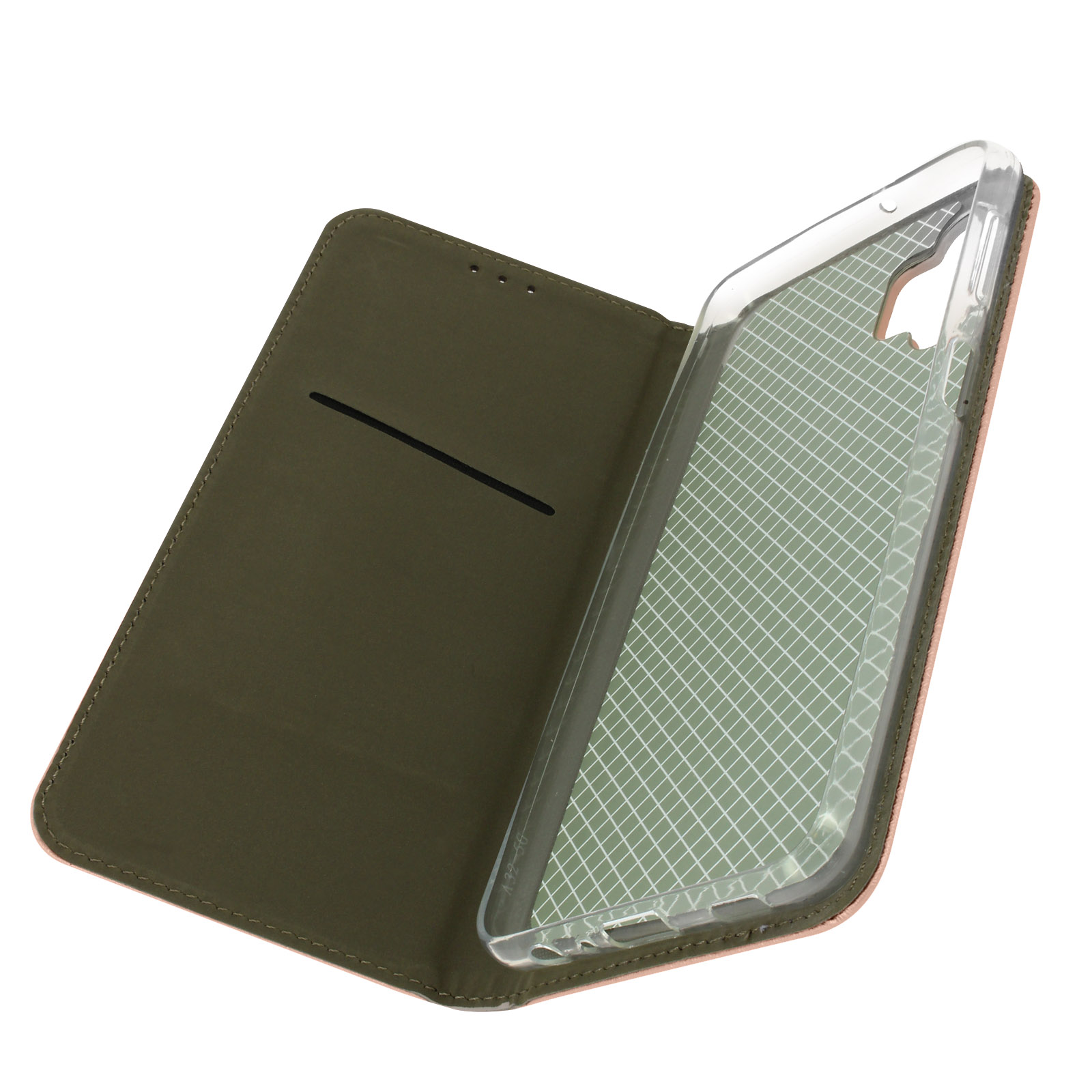 Étui de téléphone ouvert, intérieur vert, support transparent, fond blanc.