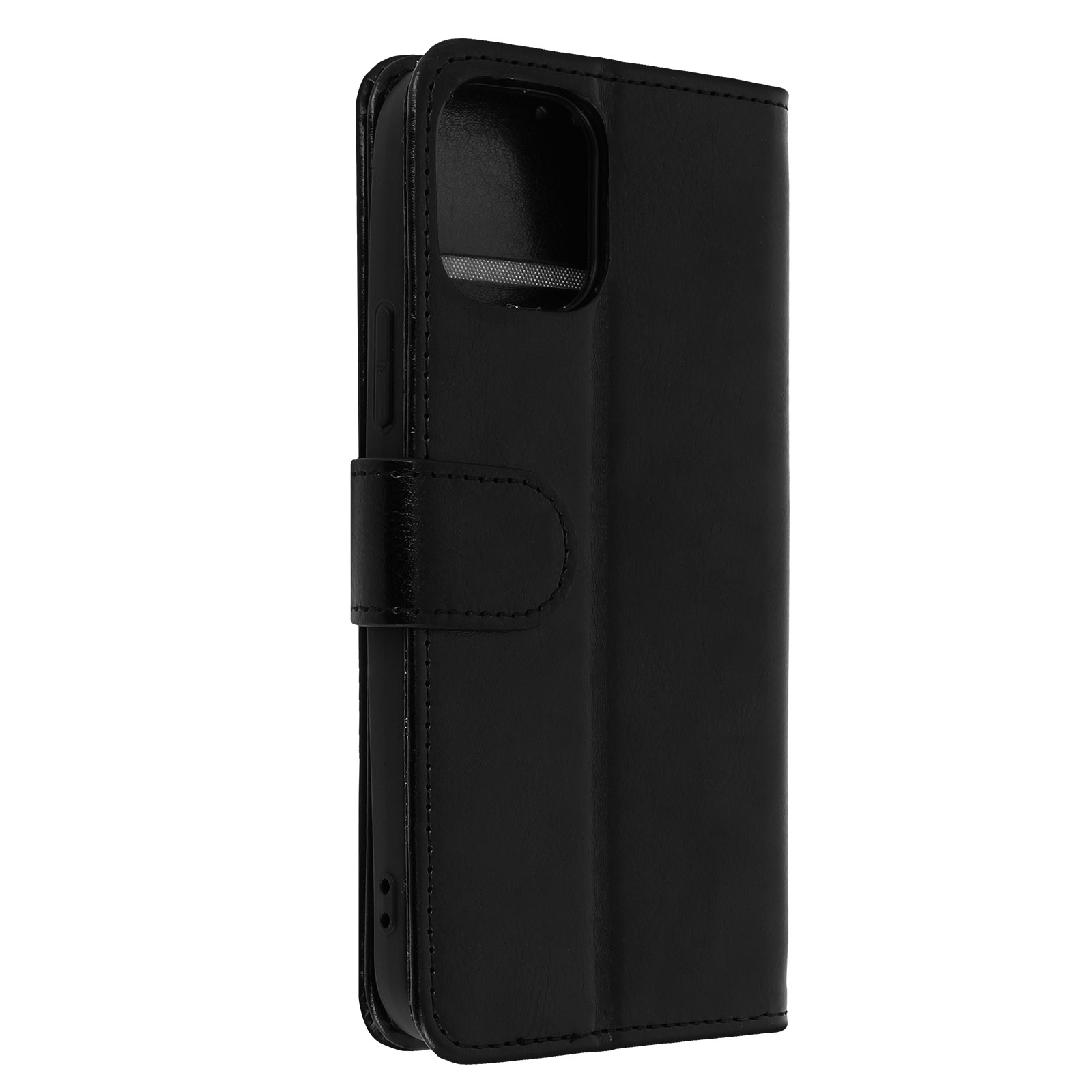 Étui de téléphone noir fermé. L'appareil photo est visible. Le fond est blanc.