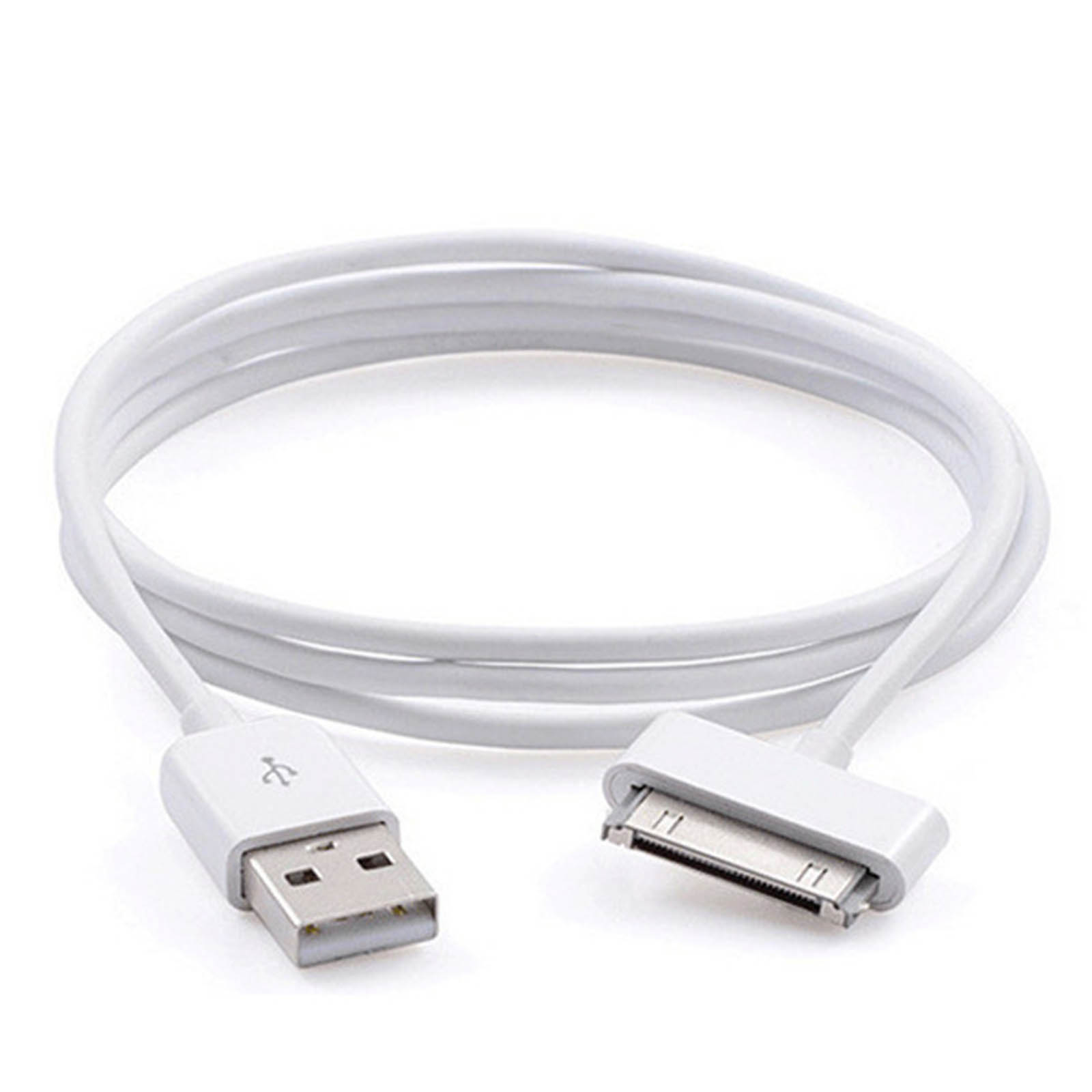 Un câble USB blanc avec un connecteur USB et un connecteur pour un ancien appareil Apple.