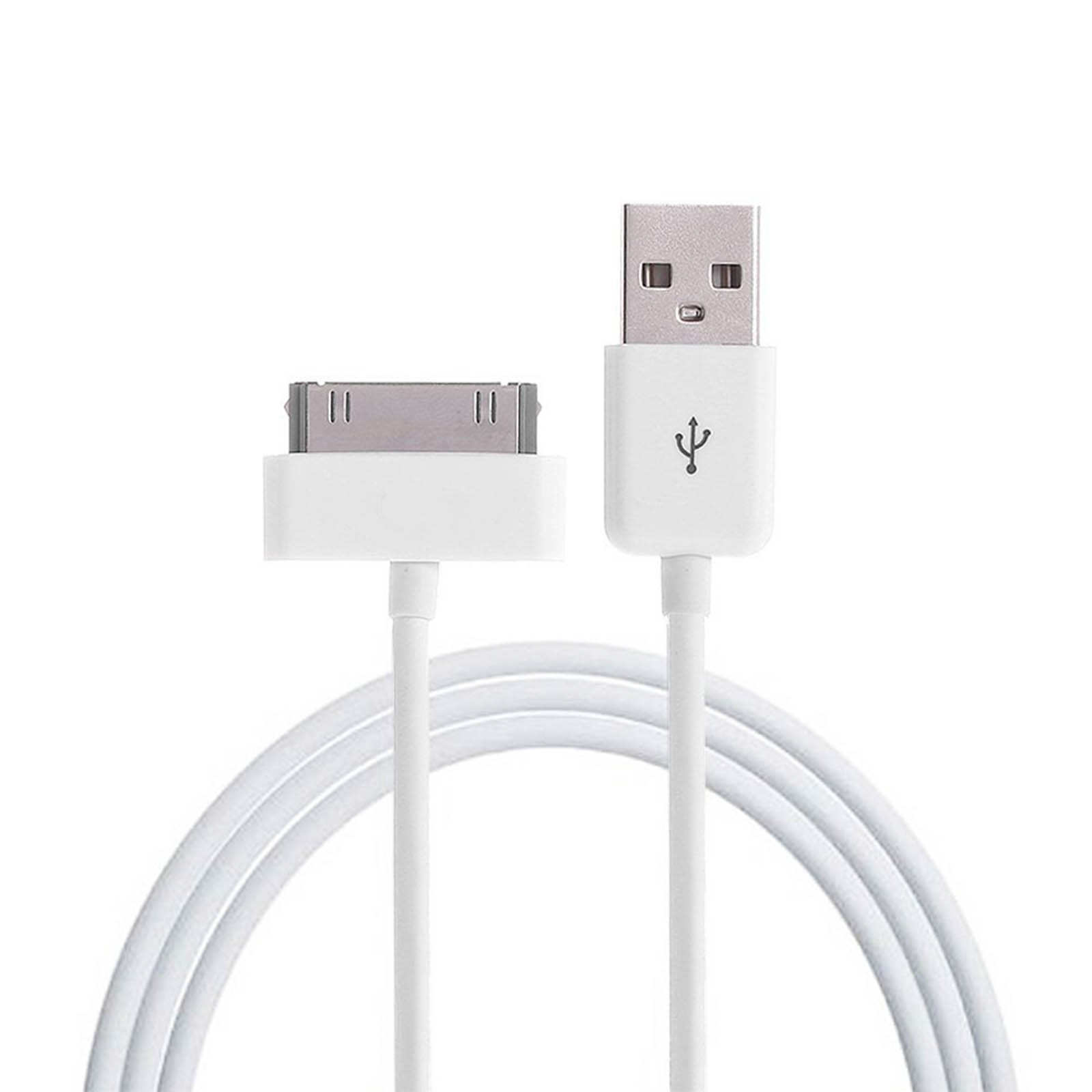 Câble USB blanc avec connecteur USB et connecteur 30 broches, sur fond blanc.
