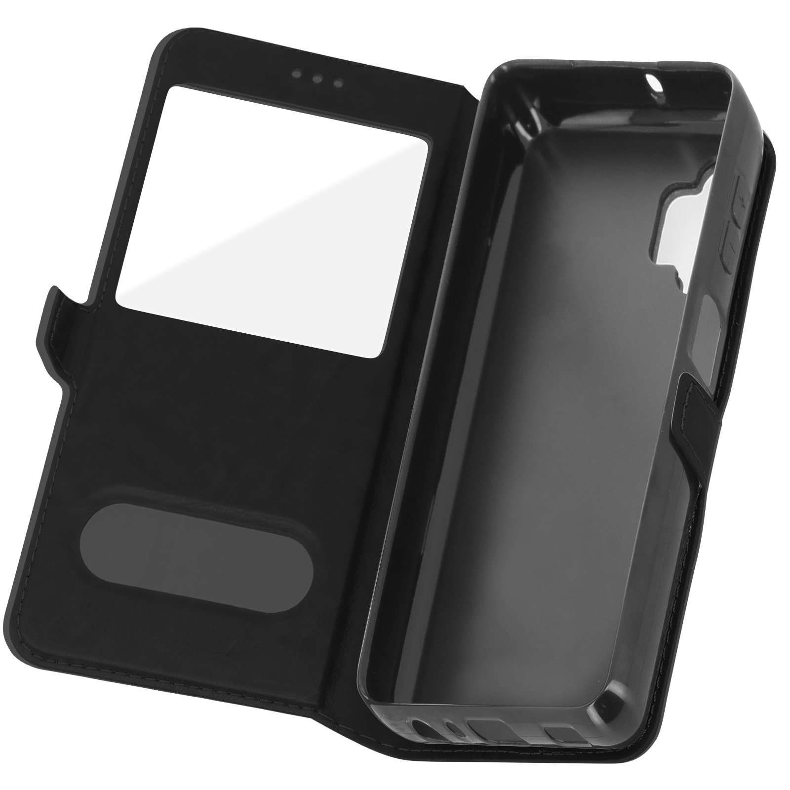 Étui de téléphone noir avec fenêtre ouverte. Le téléphone est dans l'étui, et l'étui est ouvert sans téléphone.