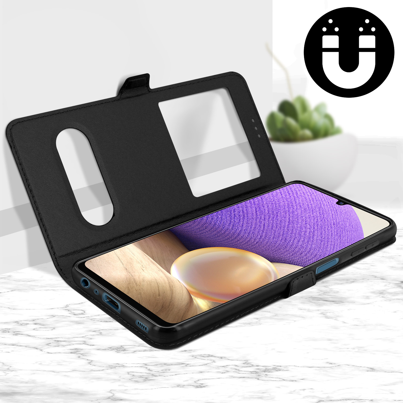 Étui noir avec fenêtre, ouvert, révélant écran violet. Icône d'aimant visible.