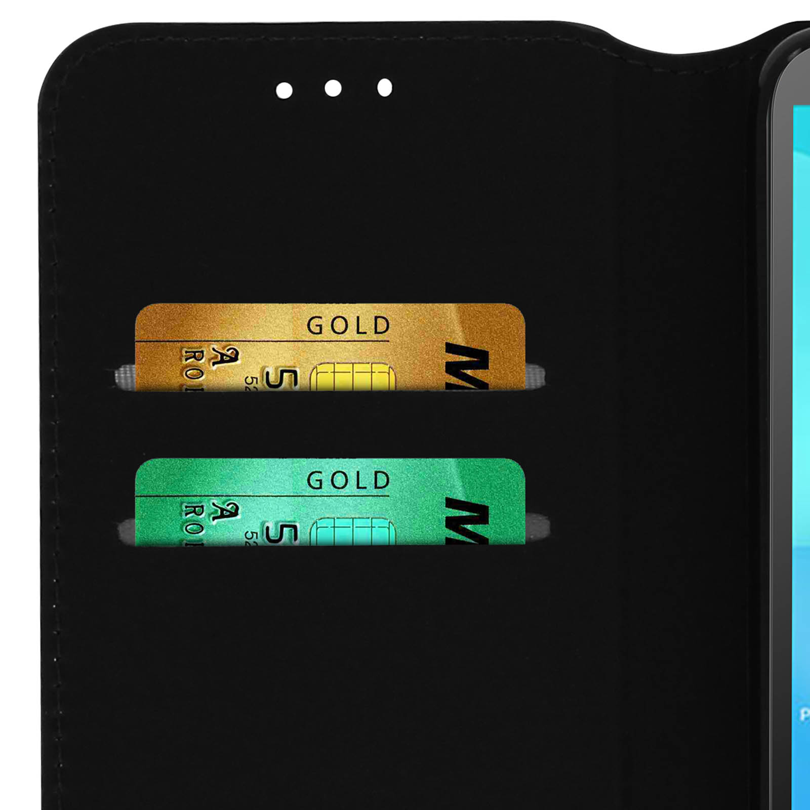 Primo piano dell'interno di una custodia nera con fessure per due carte di credito dorate.