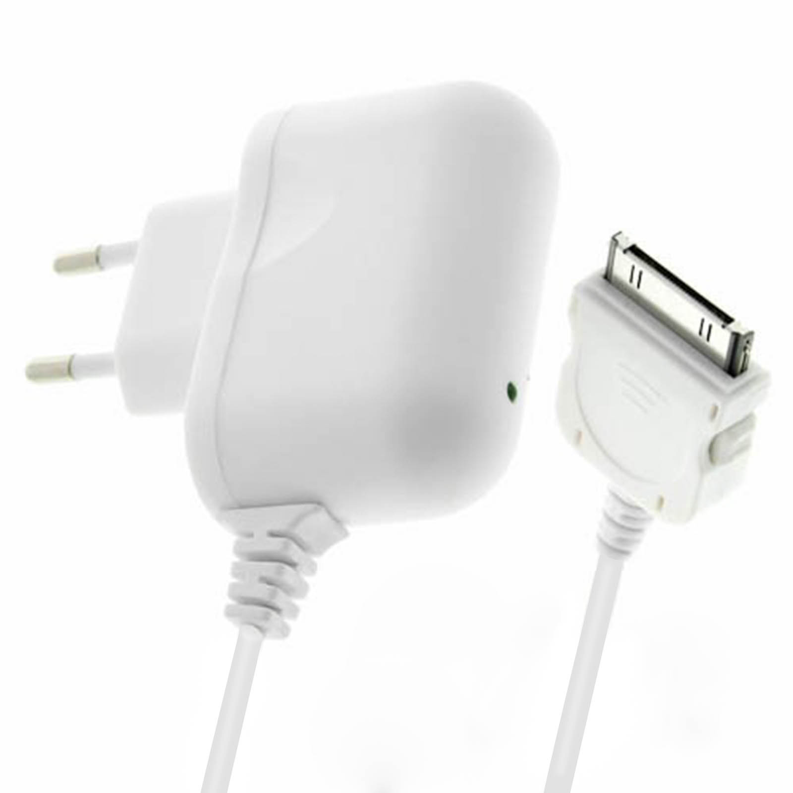 Ein weißes Telefonladegerät mit einem Ladekabel und einem separaten Ladeanschluss. Der Anschluss ist weiß.