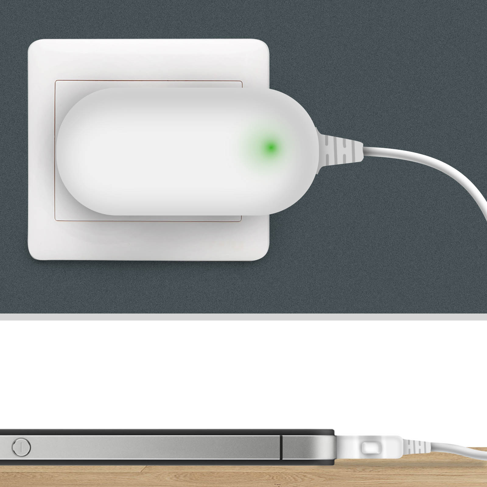 Weißer Ladeadapter, der in eine Steckdose eingesteckt ist, mit einem angeschlossenen Telefon.