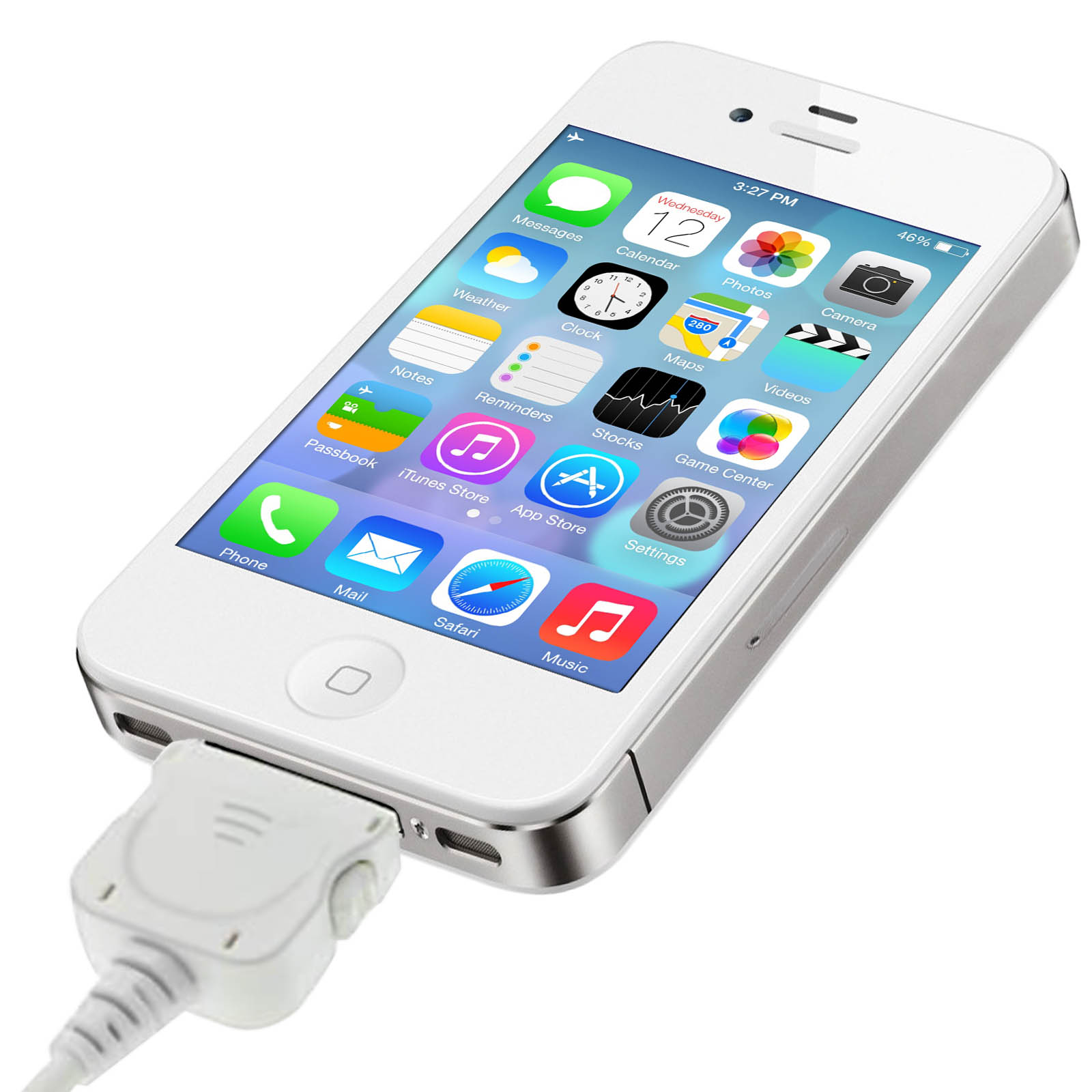 Weißes iPhone mit angeschlossenem Ladegerät. App-Symbole auf dem Bildschirm sichtbar. Weißer Hintergrund.