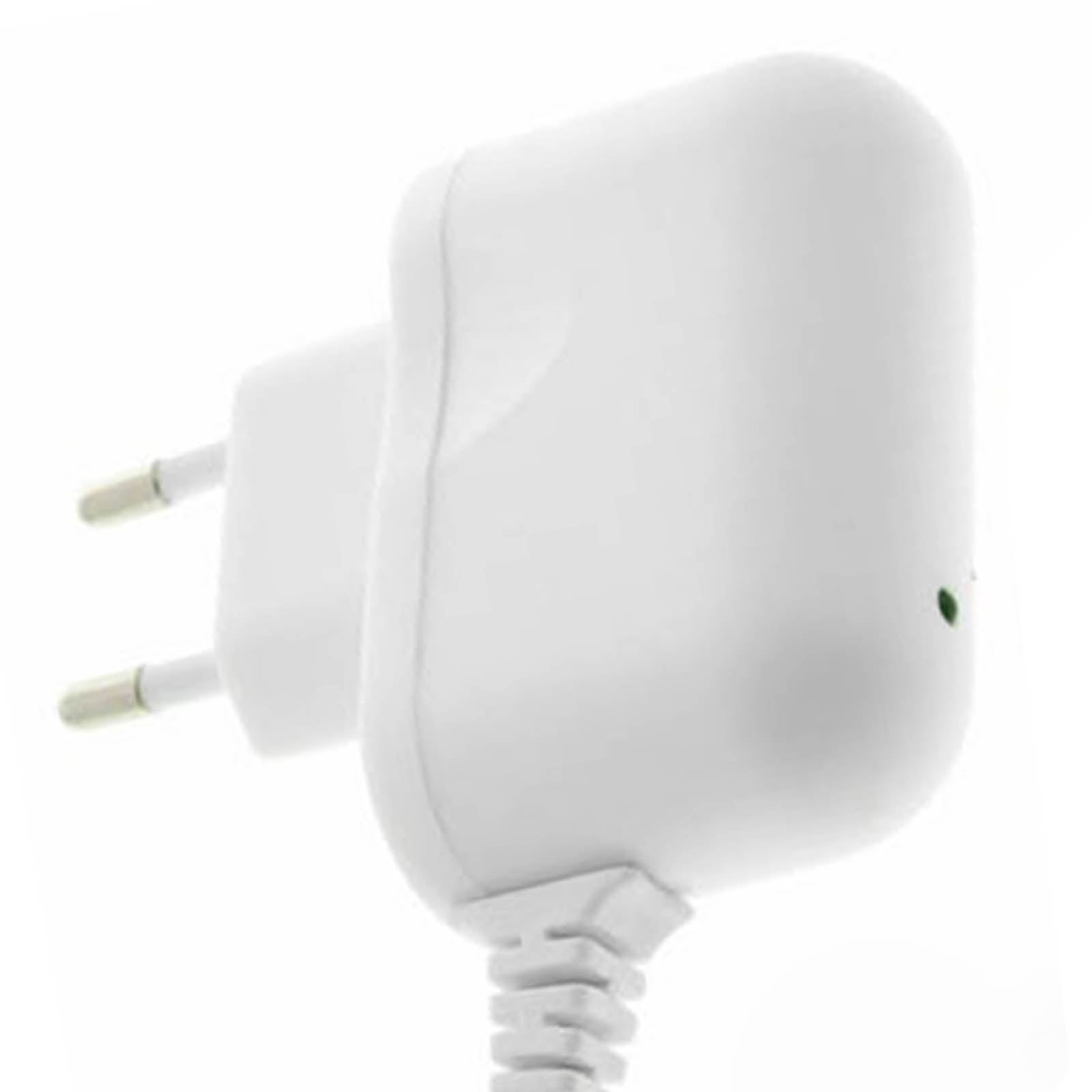 Weißes Telefonladegerät mit Zweipolstecker und rundem Gehäuse.