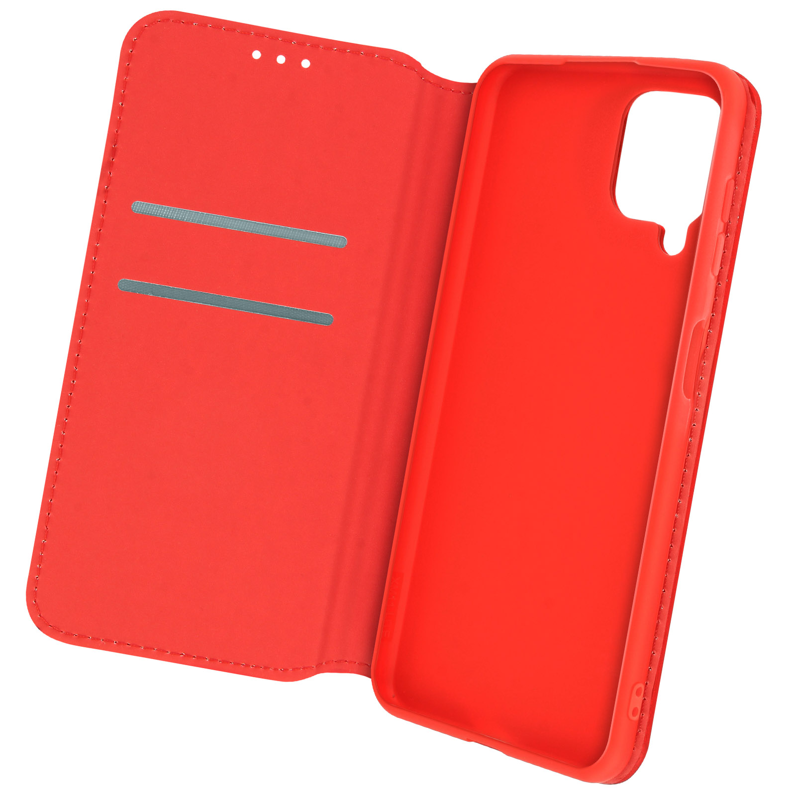 Una funda de teléfono roja, abierta. La funda tiene ranuras para tarjetas y el interior del teléfono.