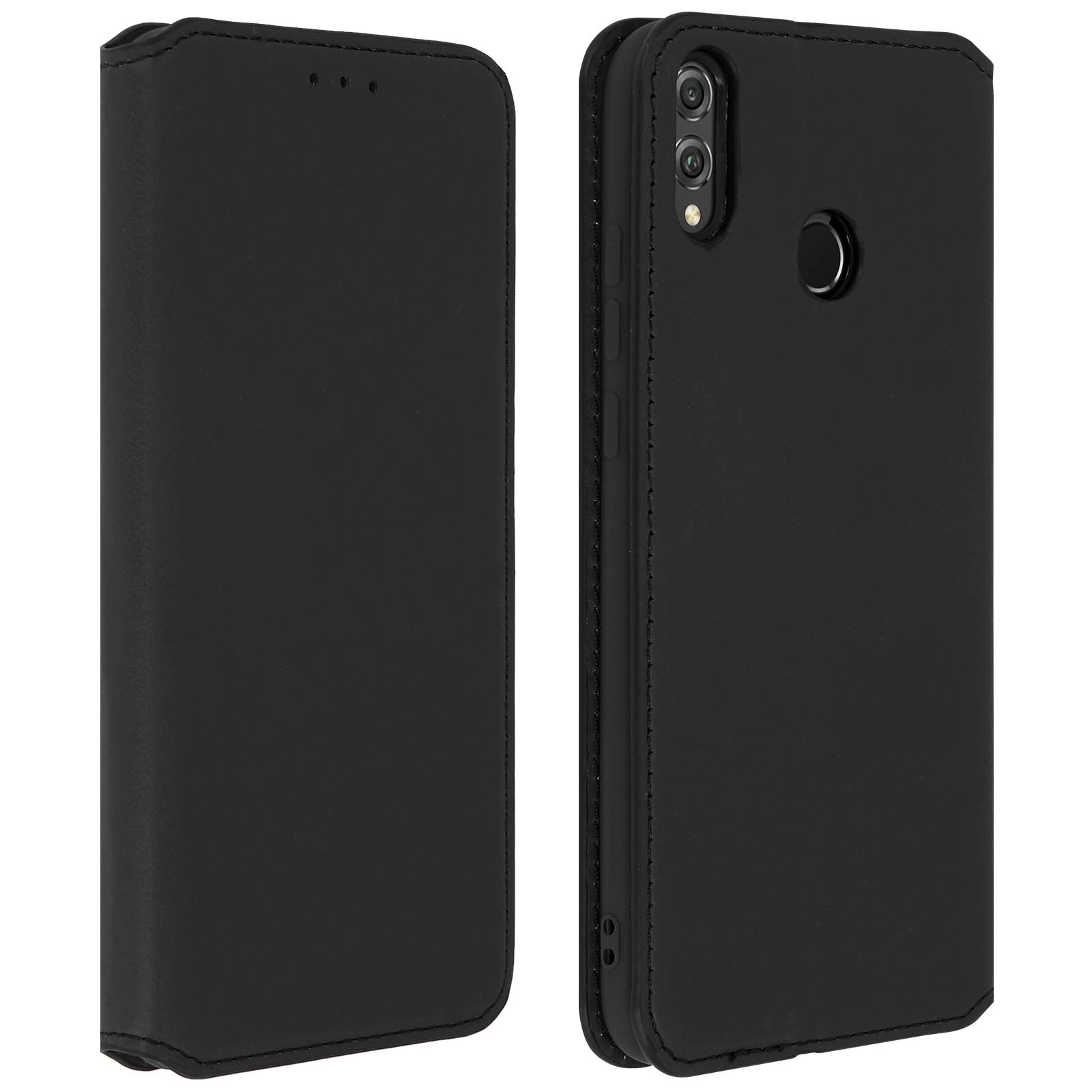 Custodia per telefono nera aperta e chiusa, che rivela una parte posteriore del telefono con fotocamera.