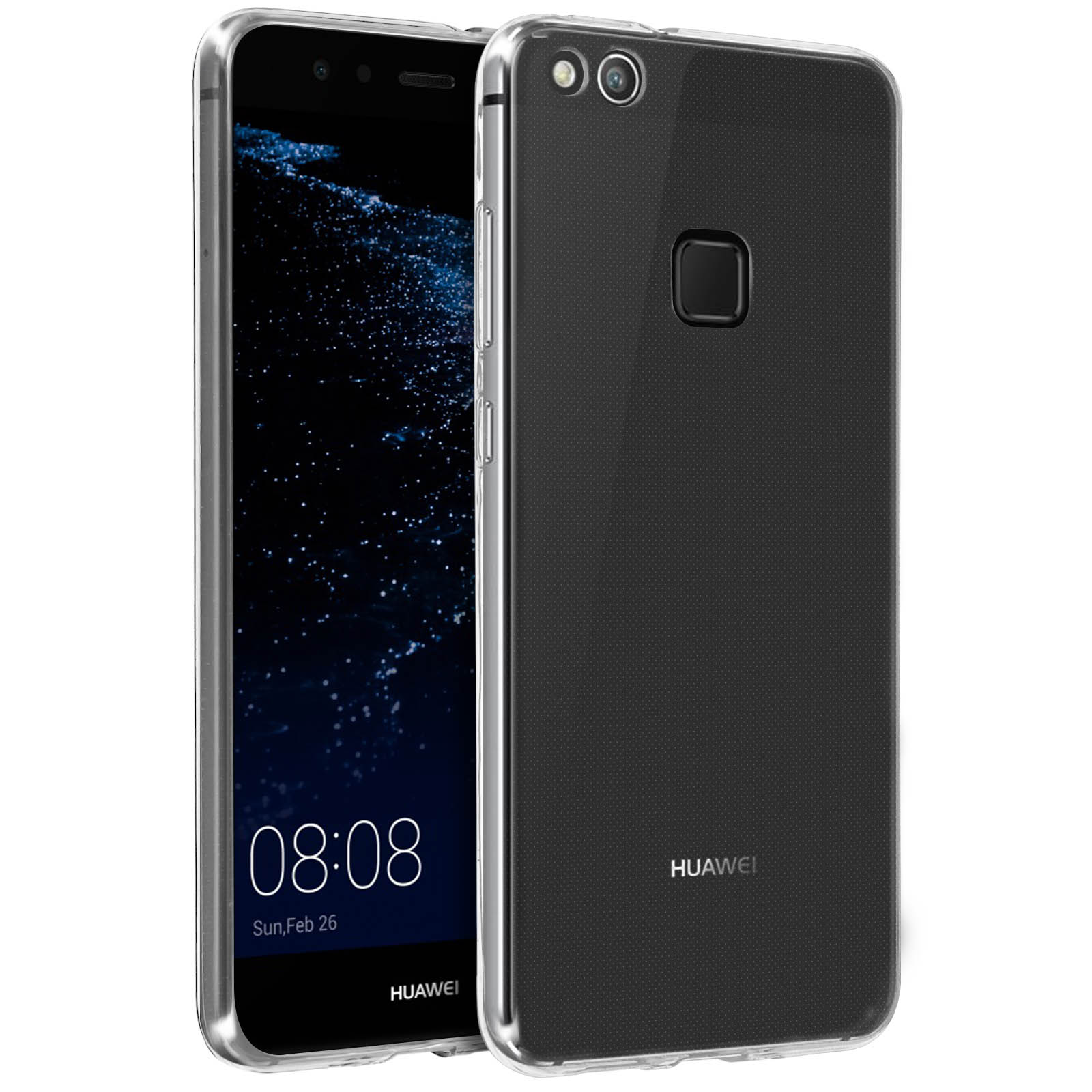 Due custodie nere per telefono, retro trasparente. Logo Huawei. Telefono nero a sinistra.