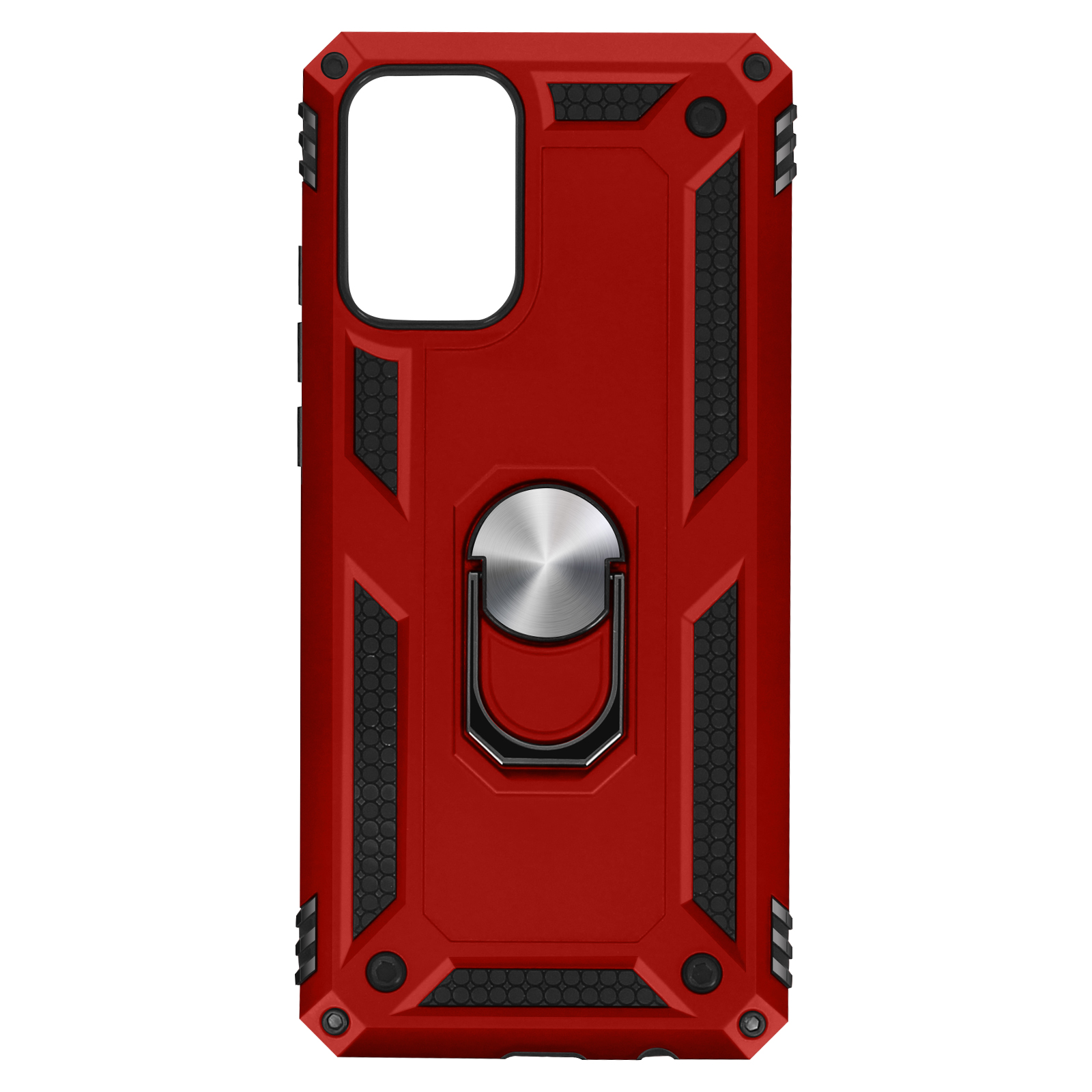 Custodia per telefono rossa con dettagli neri, anello metallico e motivo a nido d'ape nero.