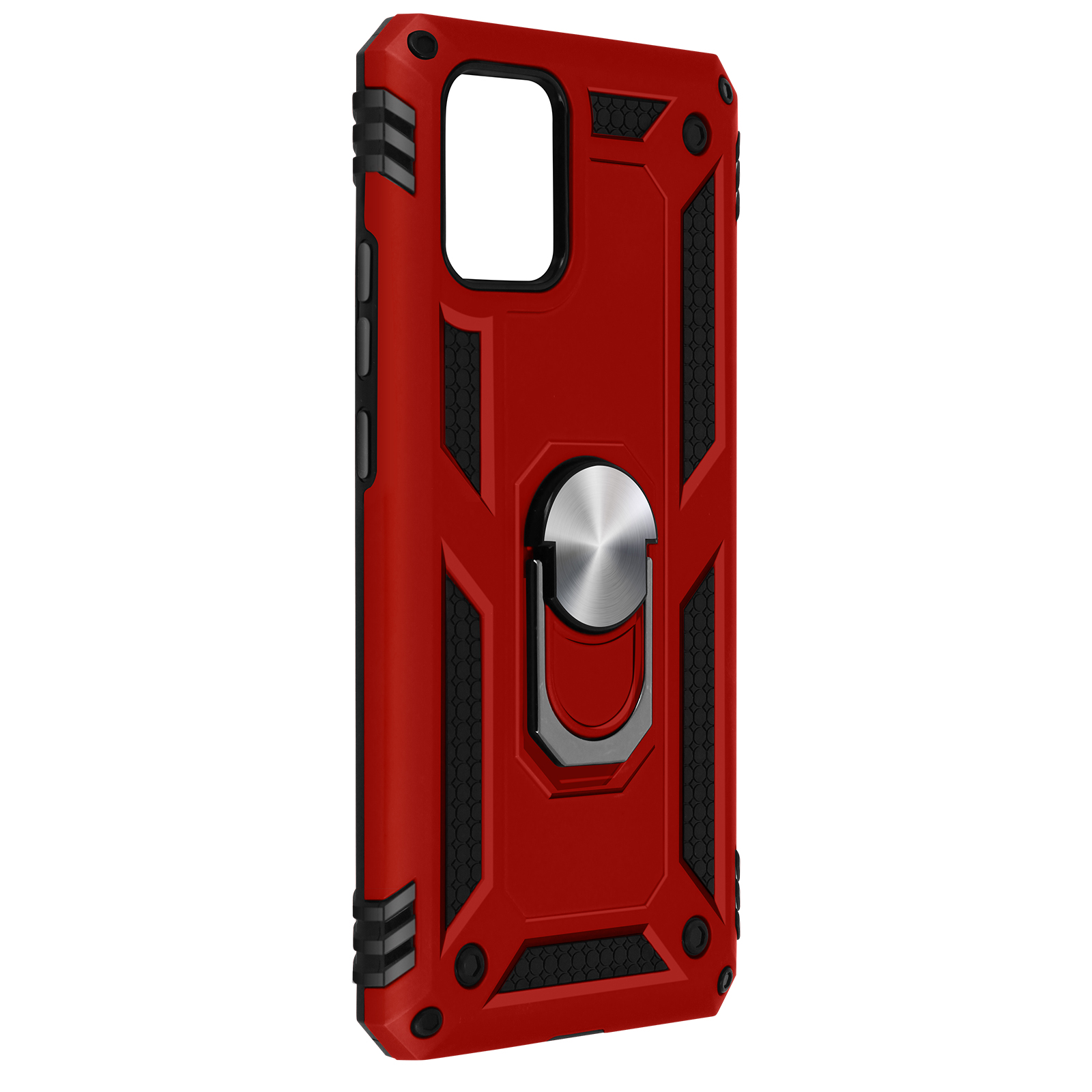 Custodia per telefono rossa con dettagli neri e un supporto ad anello. Ha un design strutturato.
