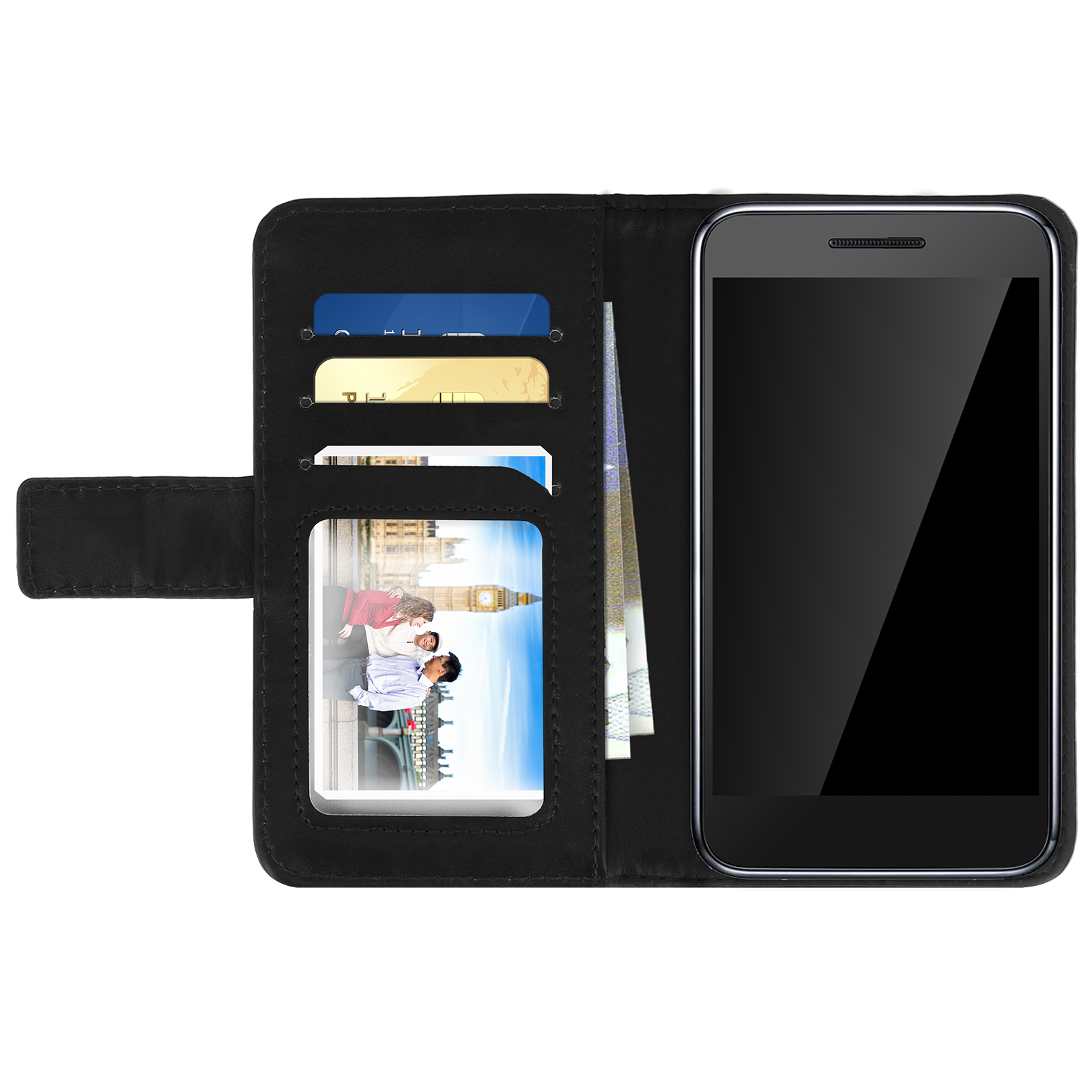 Una custodia nera per telefono aperta, che mostra un telefono, carte e un po' di soldi.
