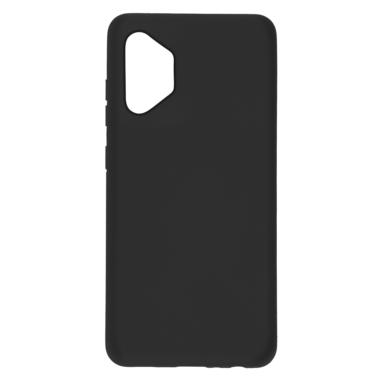 Una custodia per telefono nera. La custodia copre la parte posteriore e i lati del telefono. Ha un ritaglio per la fotocamera.