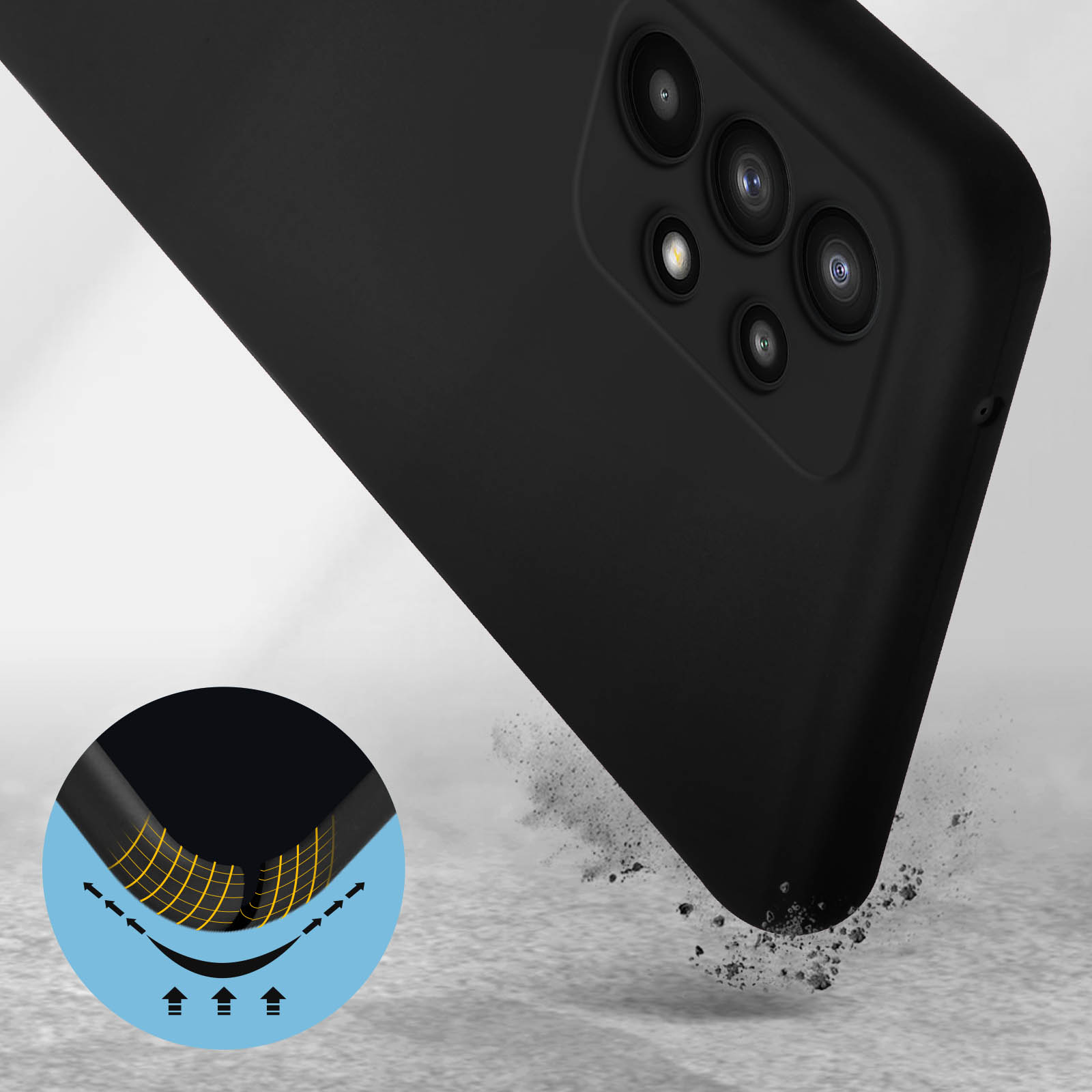 Custodia nera per telefono. La custodia ha un ritaglio per la fotocamera. La polvere sta cadendo. Segni protettivi sono visibili sulla custodia.