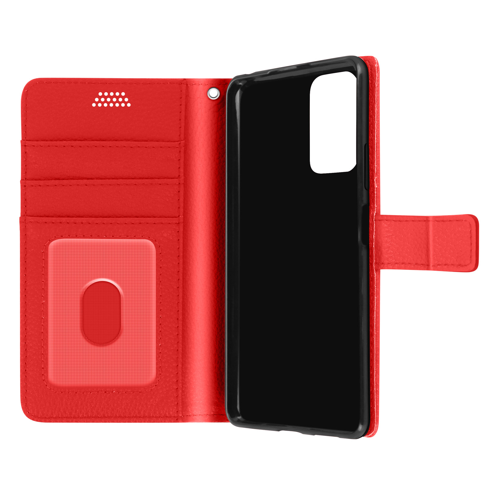 Custodia rossa, aperta. Mostra fessure per carte, telefono e interno nero.