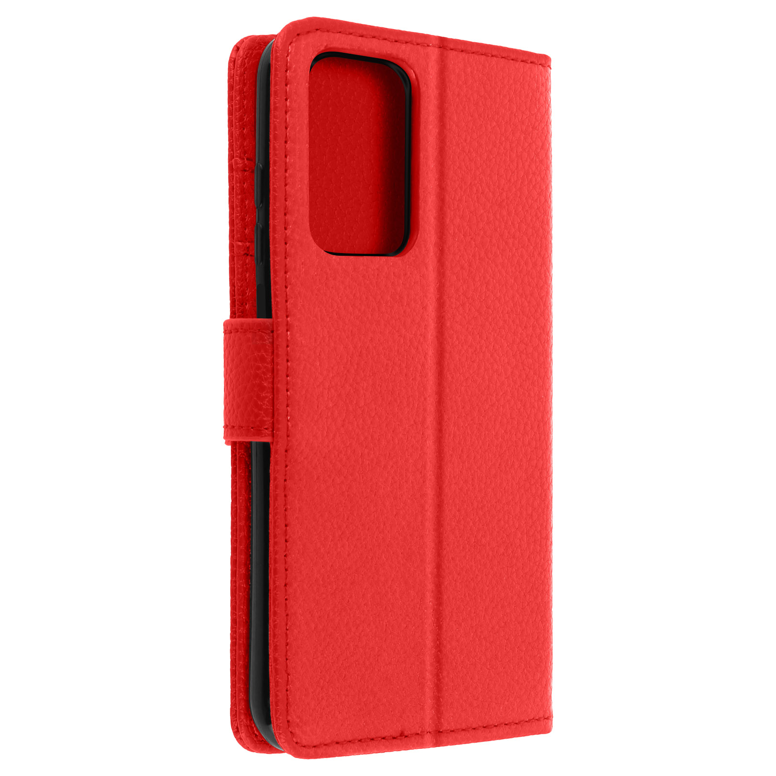 Custodia per telefono in pelle rossa, chiusa e aperta.