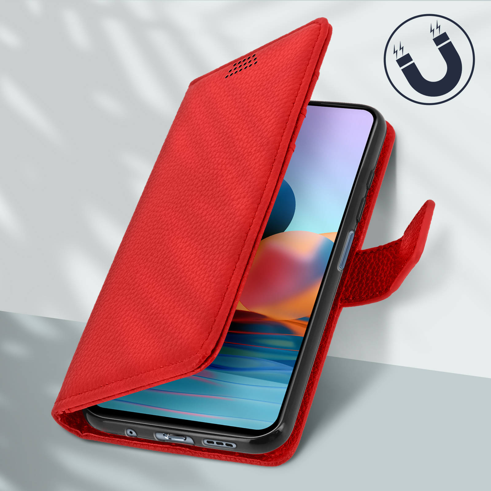 Custodia rossa aperta con telefono dentro, simbolo magnetico sopra.