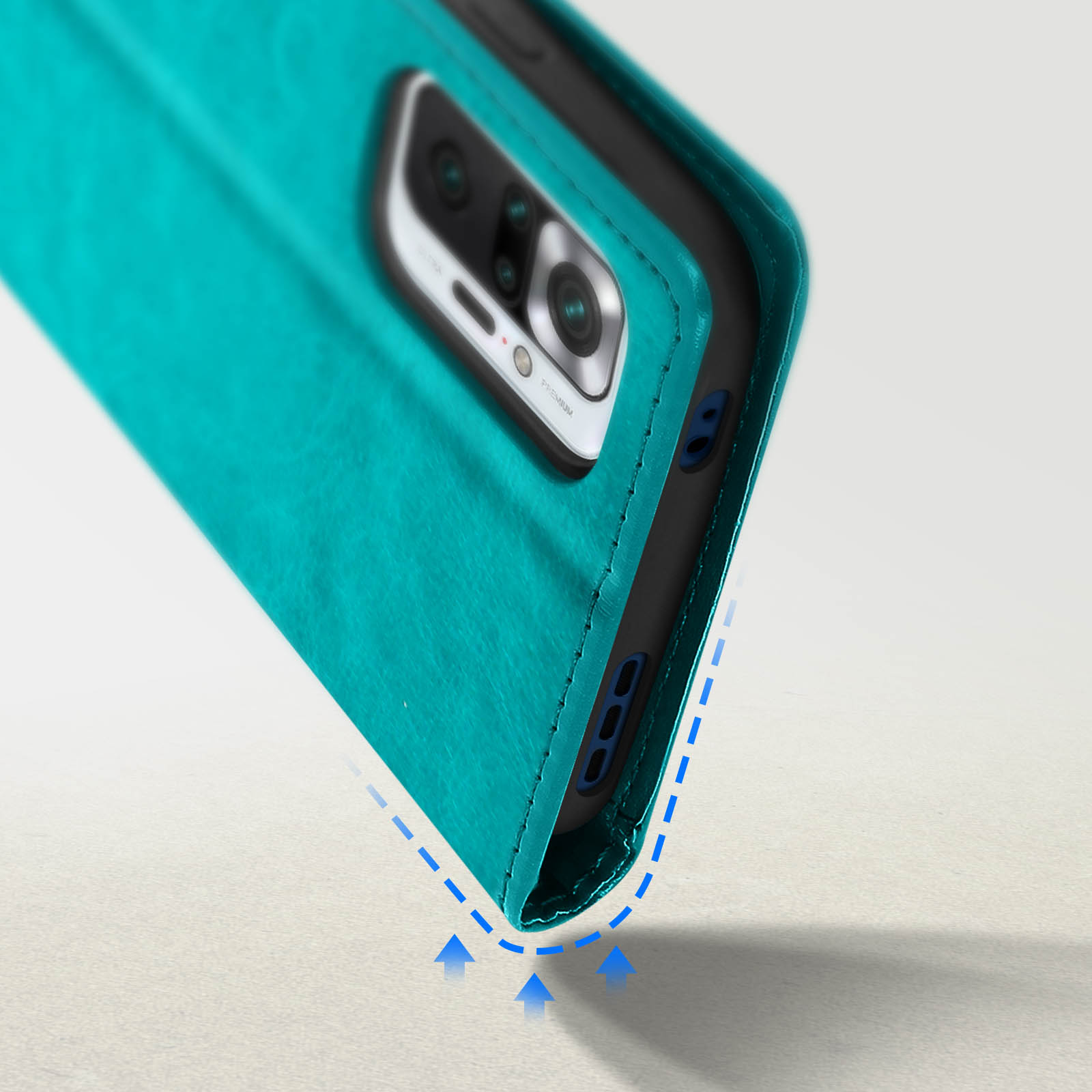 Una custodia per telefono verde acqua con un telefono all'interno. La custodia ha un design curvo con frecce.