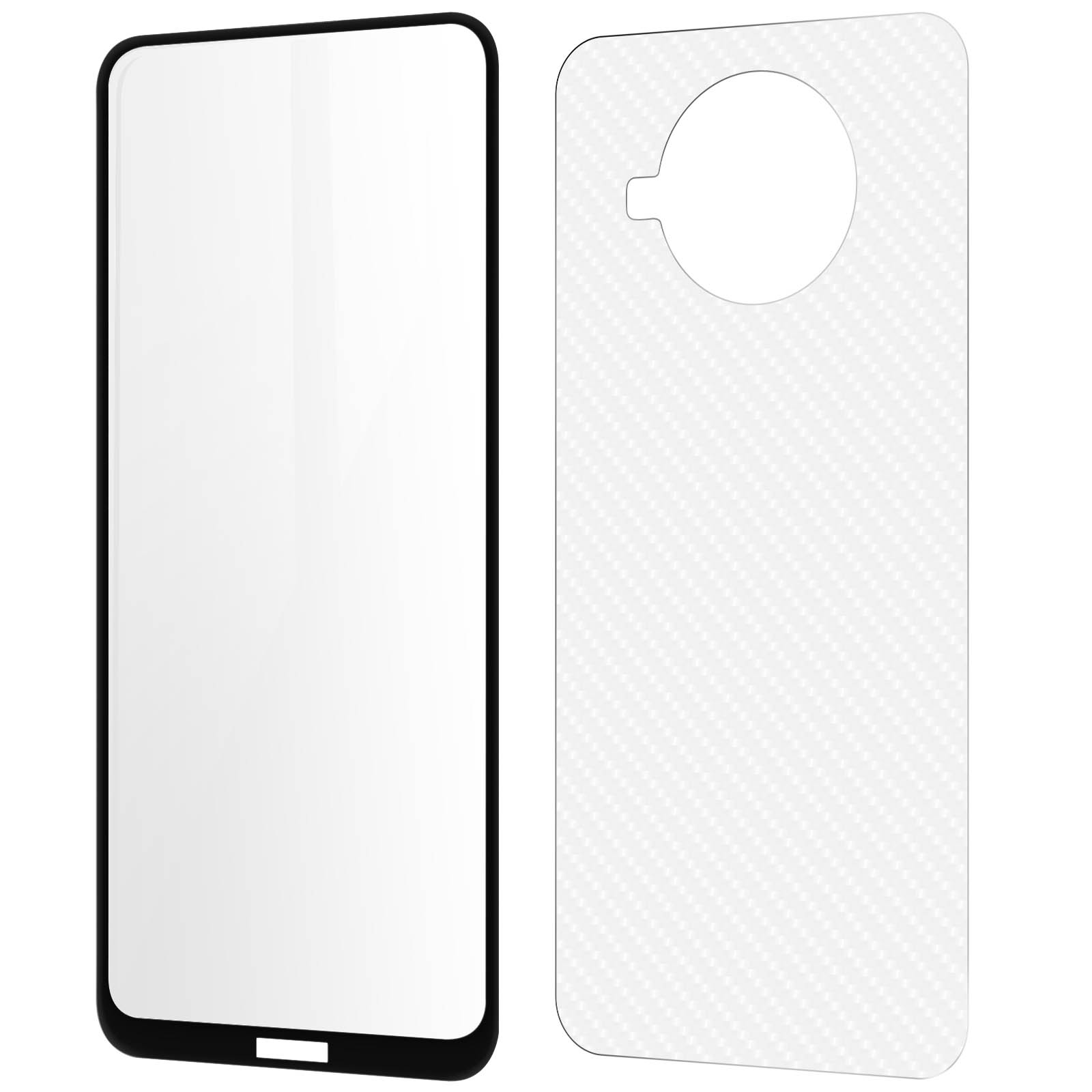 Due protezioni per schermo del telefono. Uno è uno schermo con un bordo nero, l'altro ha un motivo in fibra di carbonio.