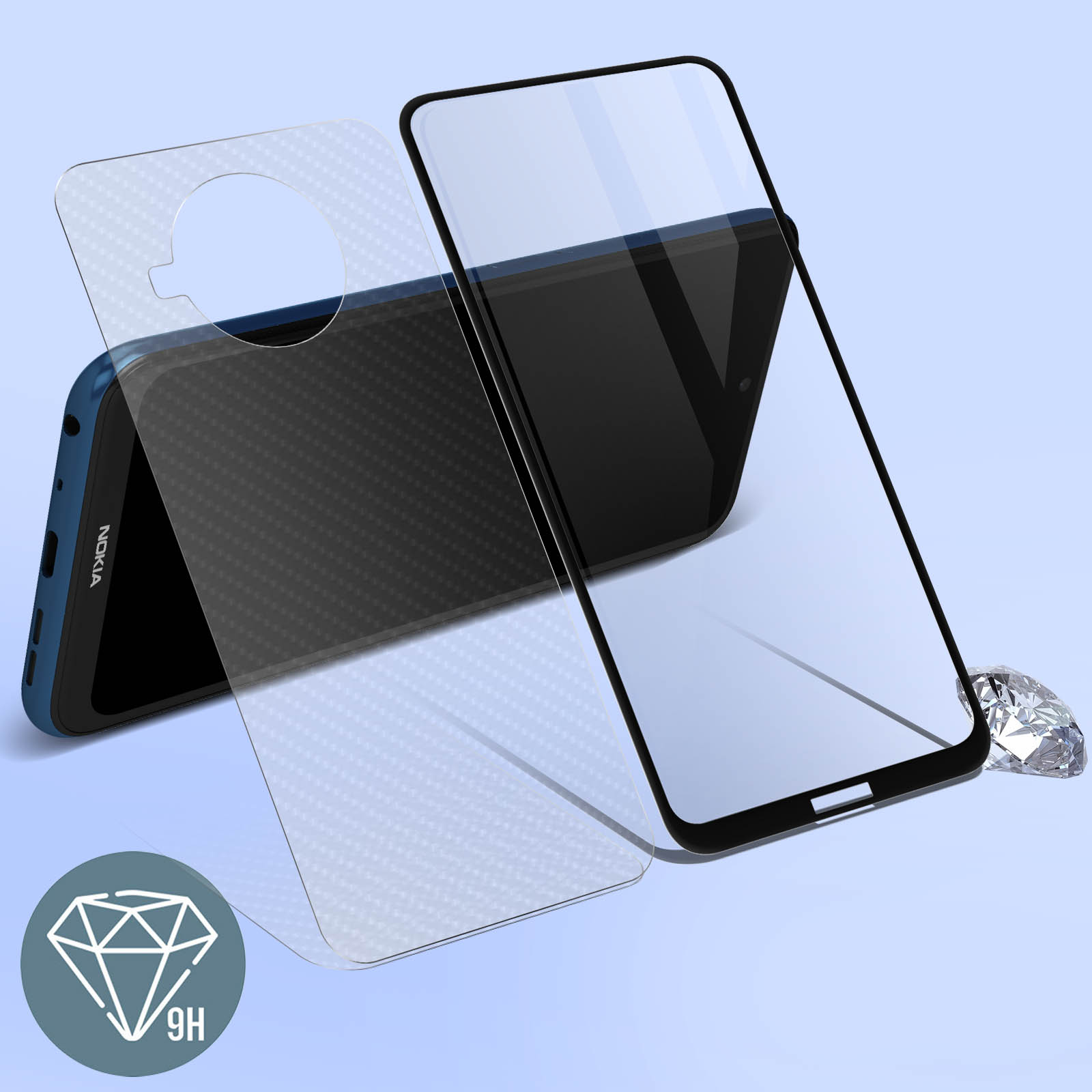 Un telefono con protezione schermo, un diamante e un'icona diamante 9H su sfondo blu sfumato.
