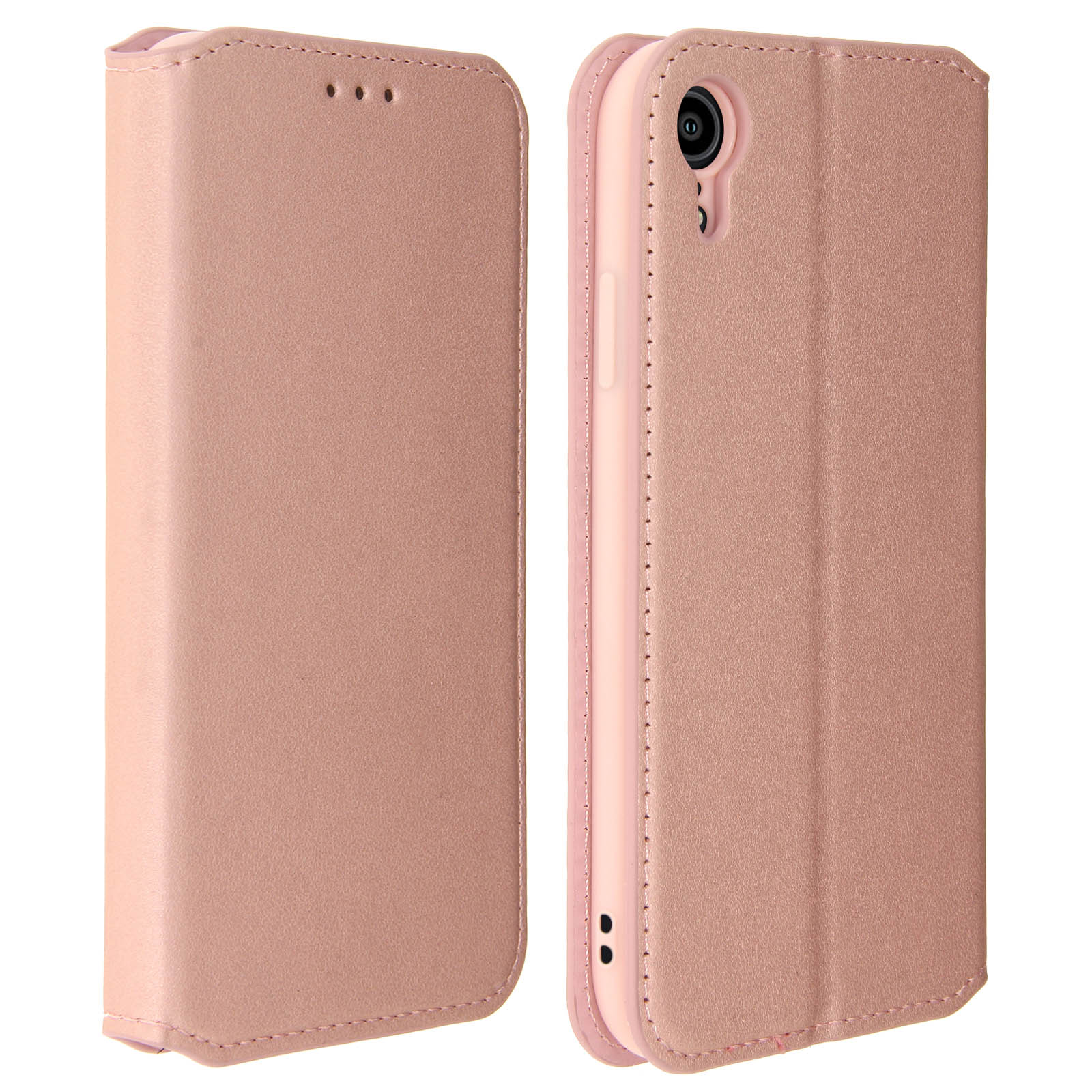 Custodia per telefono rosa, aperta. Telefono all'interno. Viste anteriore e posteriore. Cuciture bianche.