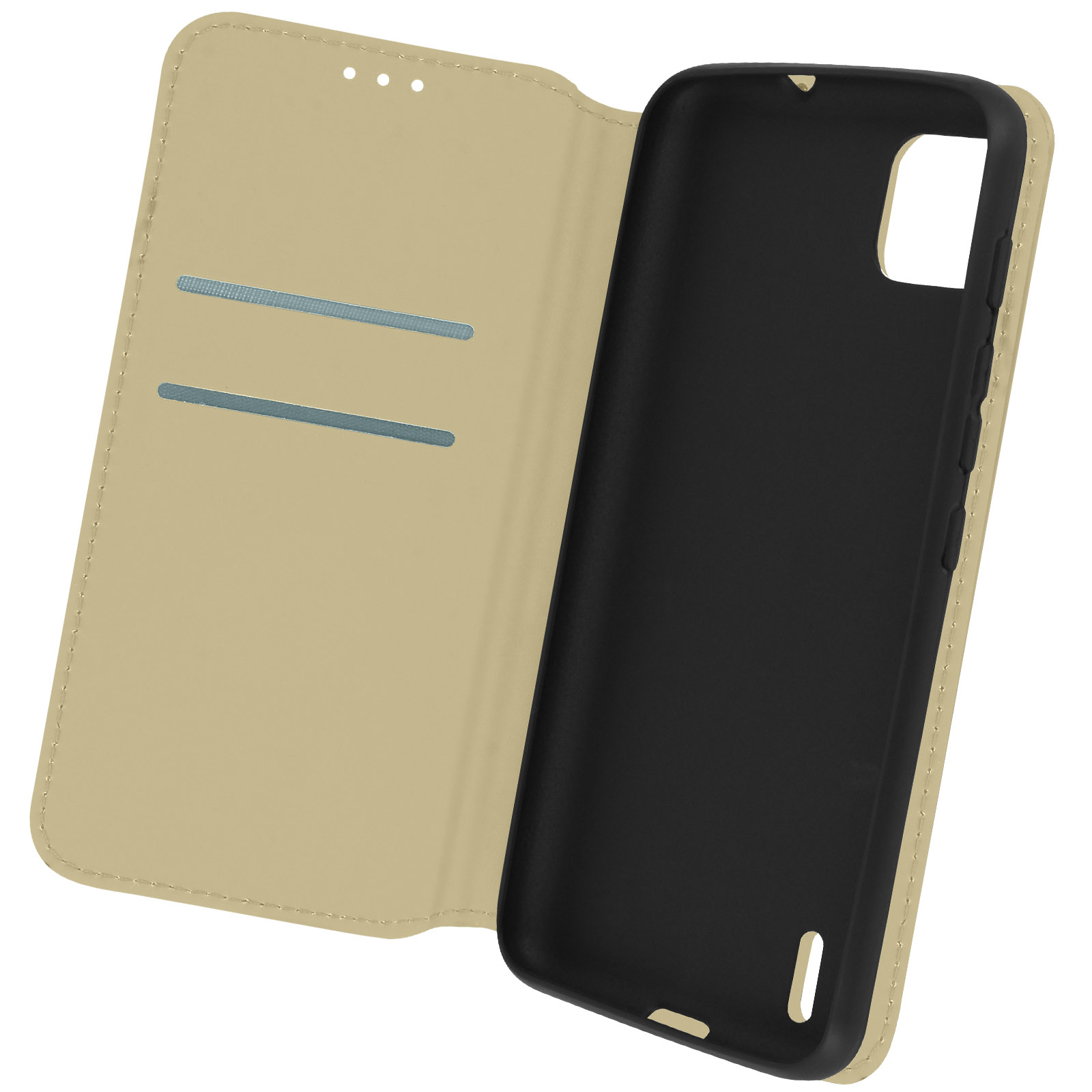 Custodia del telefono aperta, esterno beige, interno nero, aperta. Sfondo bianco.