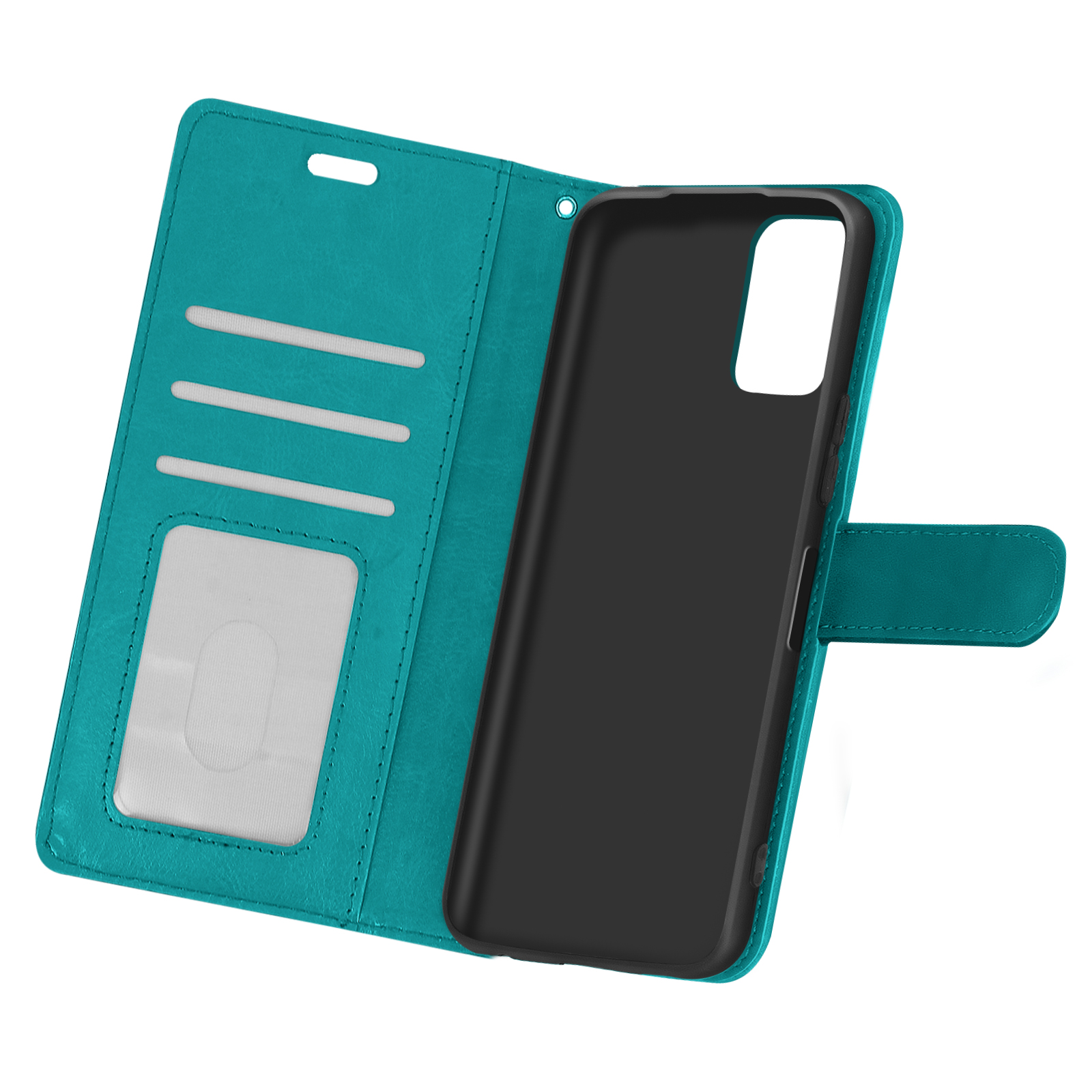 Custodia per telefono color turchese con fessure per carte e aperta. Un telefono è mostrato all'interno. La custodia ha una chiusura magnetica.