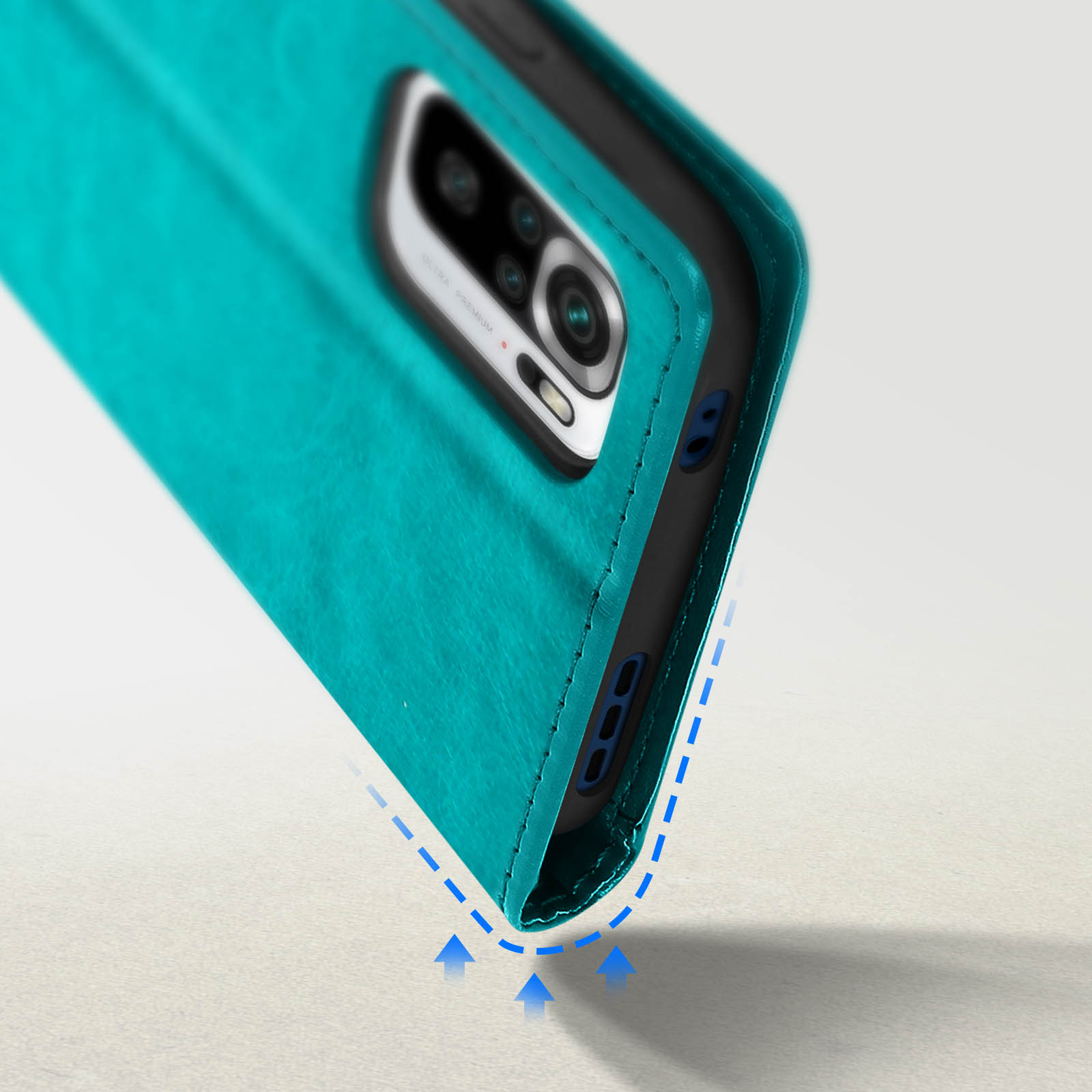 Custodia per telefono verde acqua, angolata, con un telefono all'interno. Frecce blu indicano l'impatto.