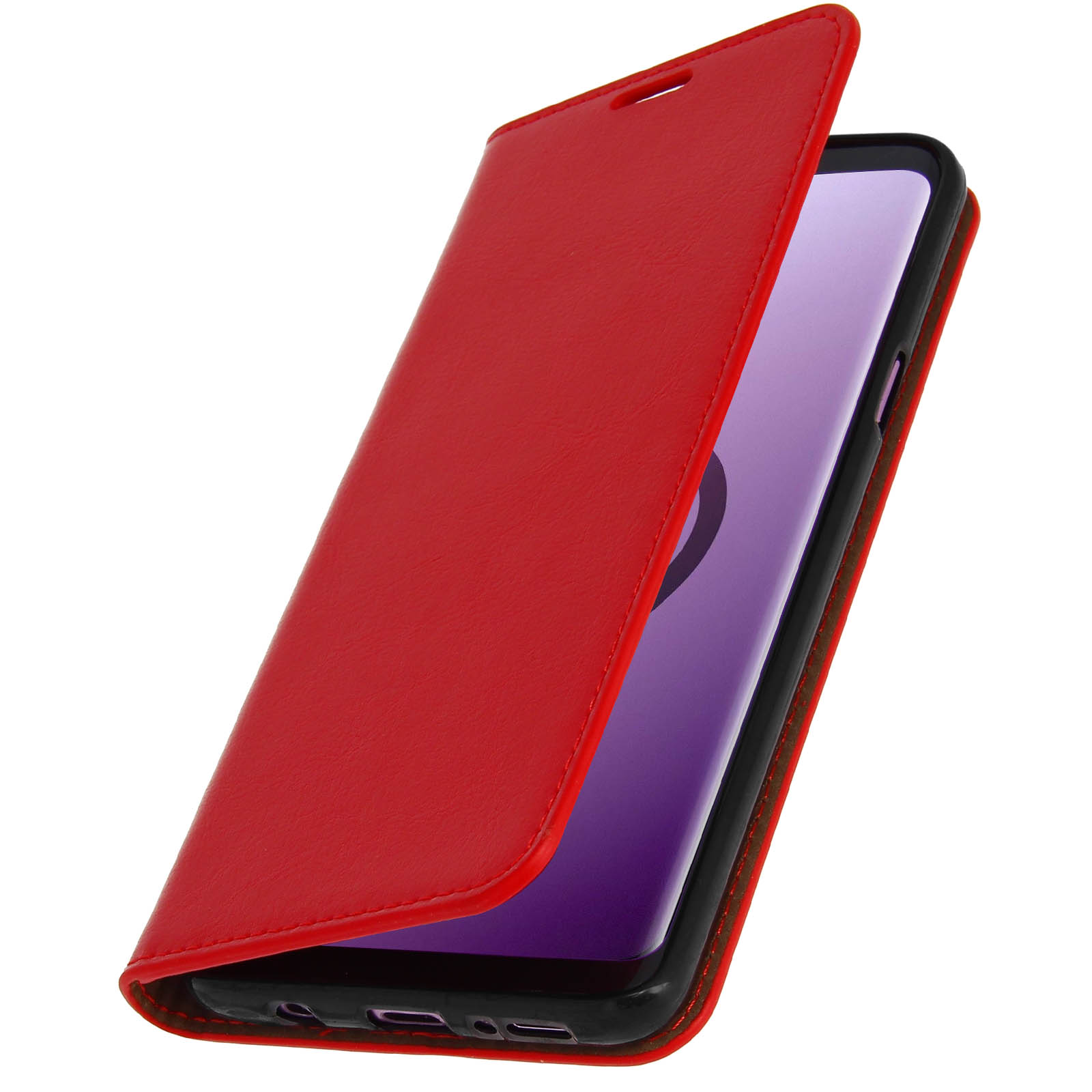 Custodia in pelle rossa, aperta per rivelare un telefono nero e uno schermo viola.