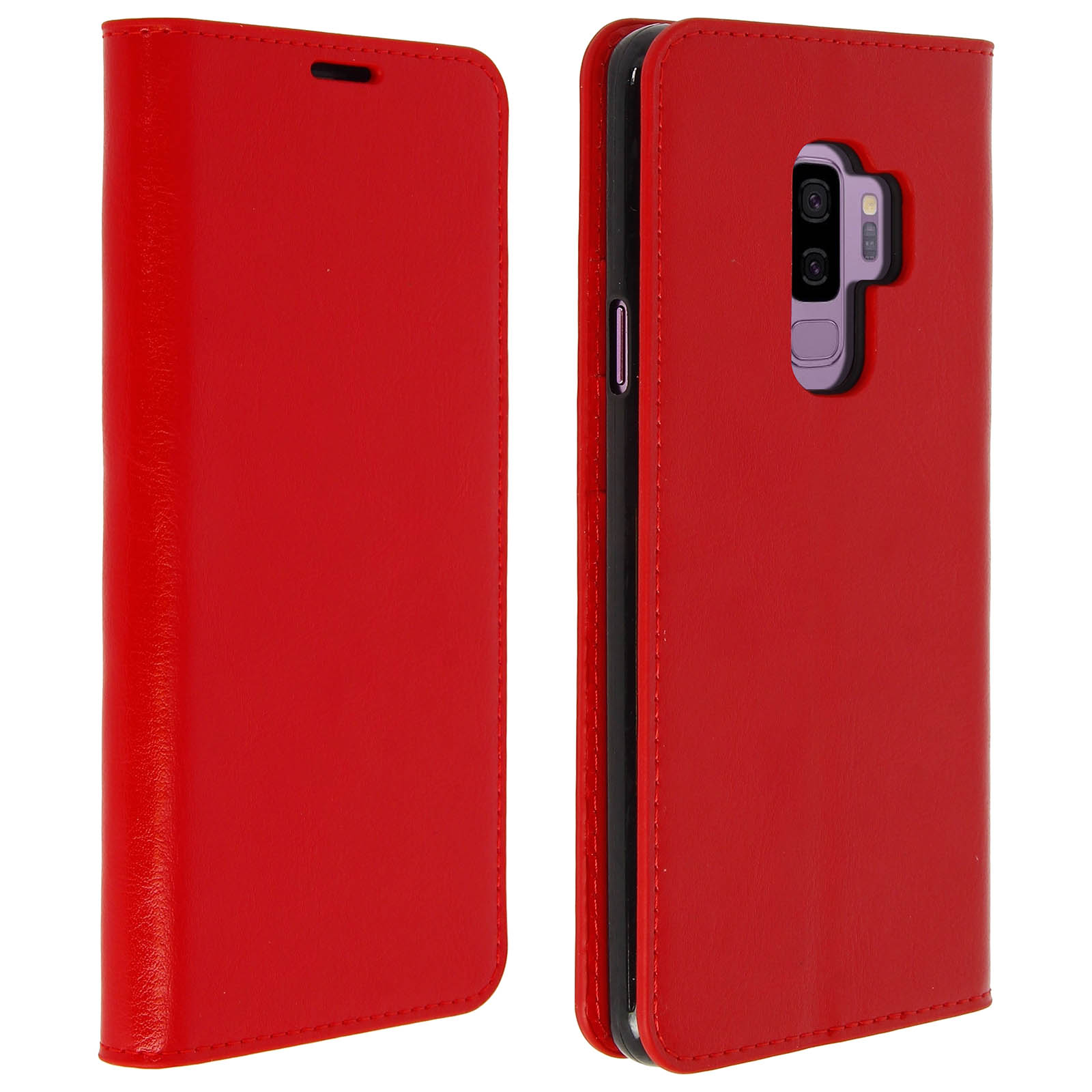Custodia per telefono in pelle rossa in posizione aperta e chiusa. Ha una patta e un ritaglio per la fotocamera.