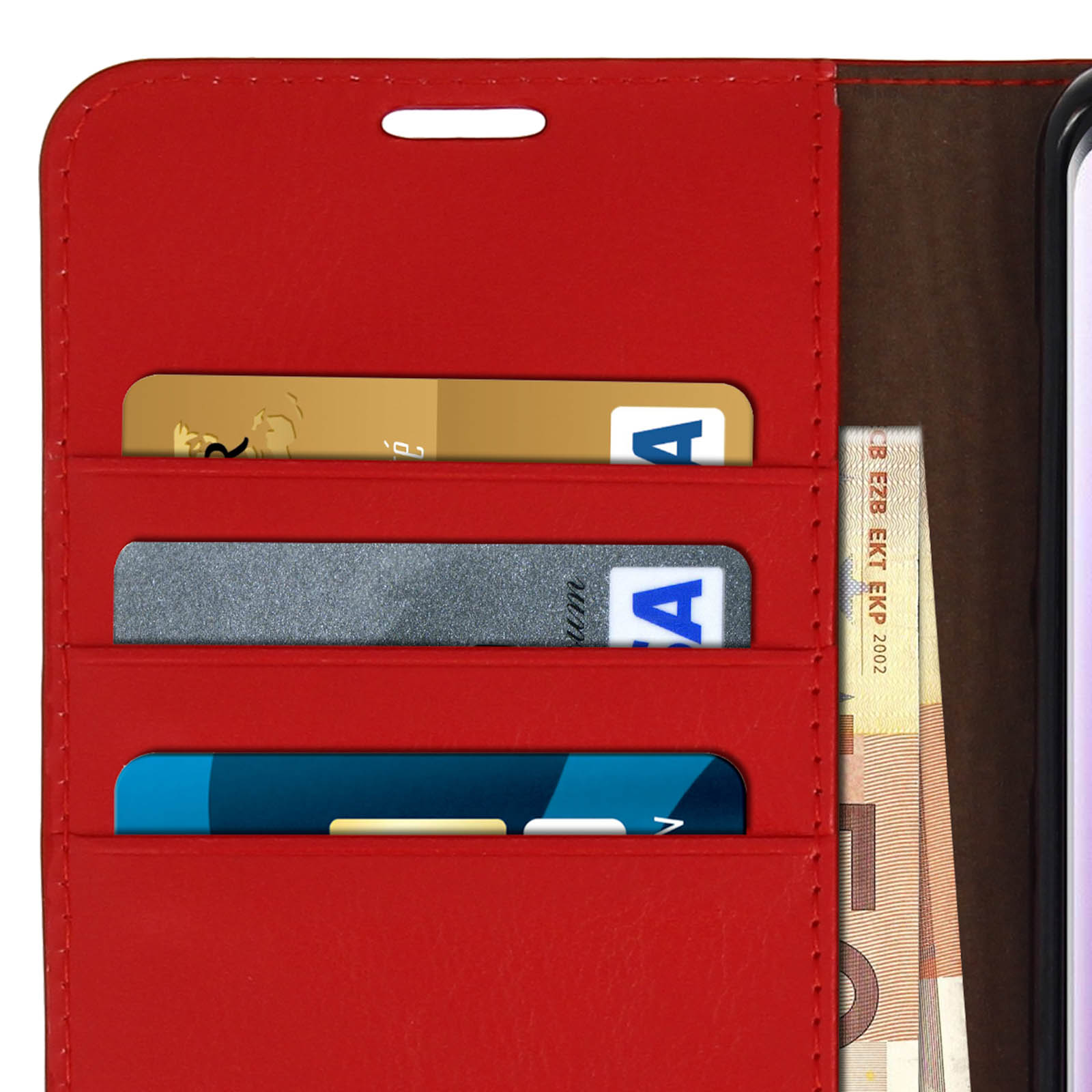 Custodia a portafoglio rossa per telefono con carte e denaro. Copertina rossa e interno marrone. Carte visibili.