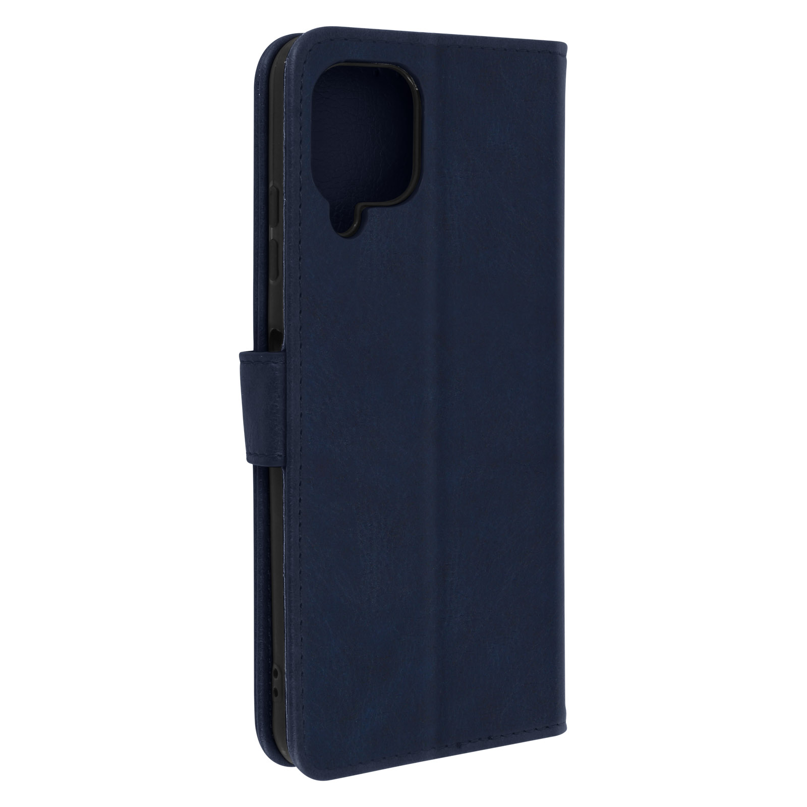 Een donkerblauwe telefoonhoes, gesloten en rechtop, op een witte achtergrond.