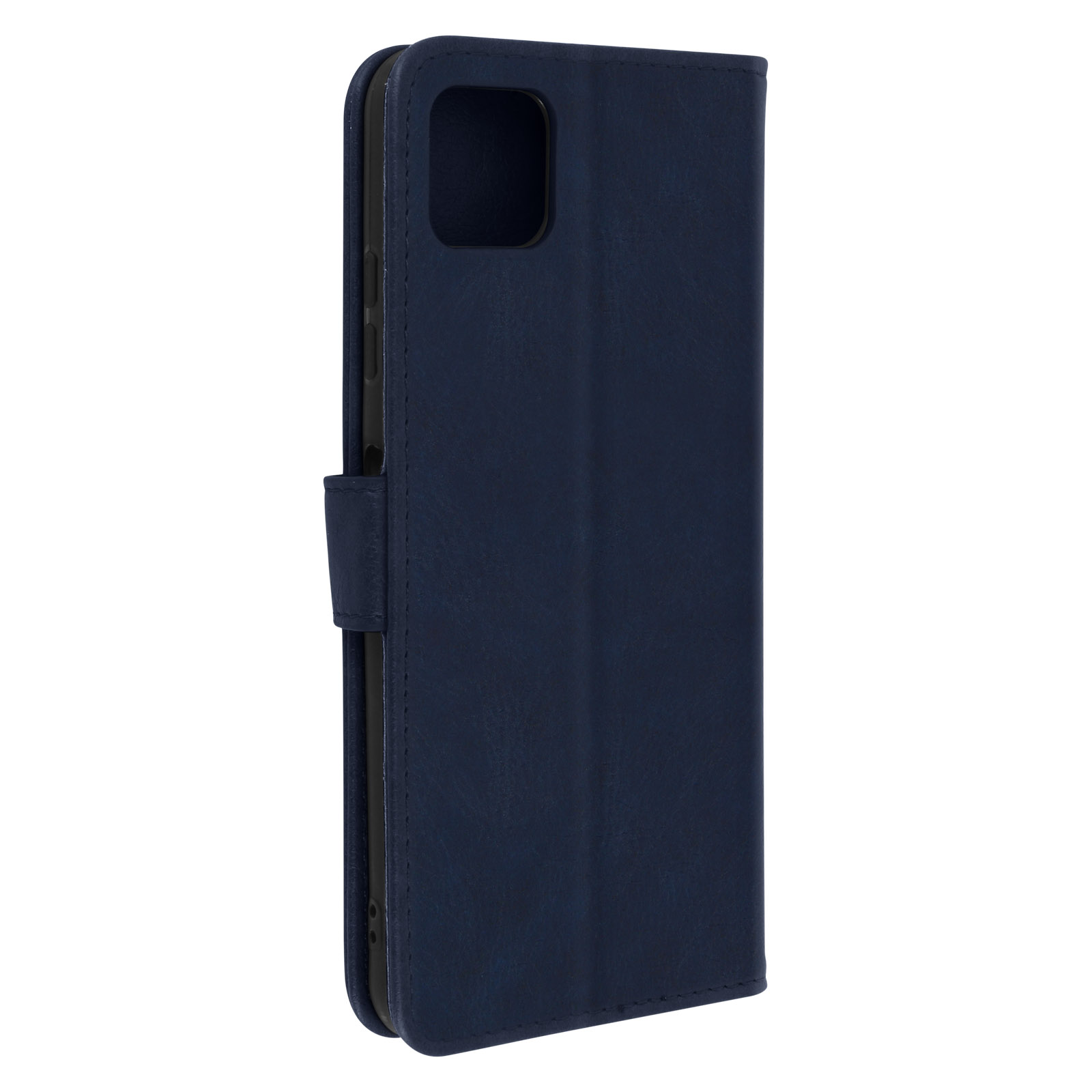 Donkerblauwe telefoonportemonnee, gesloten. Toont de zijkant en voorkant. Magnetische sluiting zichtbaar.