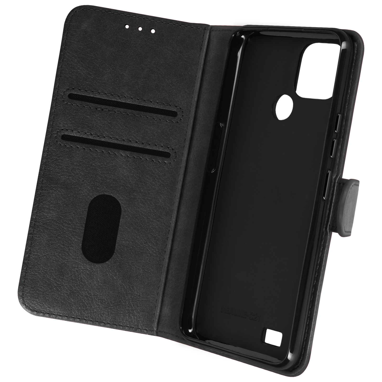 Custodia per telefono nera aperta con fessure per carte e supporto. Bianco.