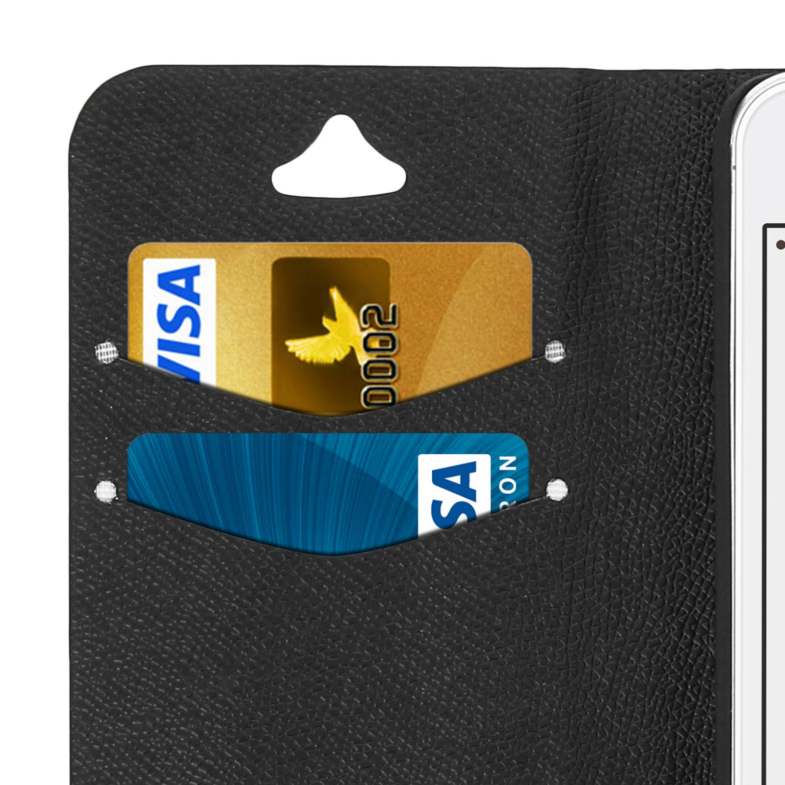 Custodia nera con fessure per carte. Due carte visibili: Visa e una carta di debito. Materiale in pelle nera.
